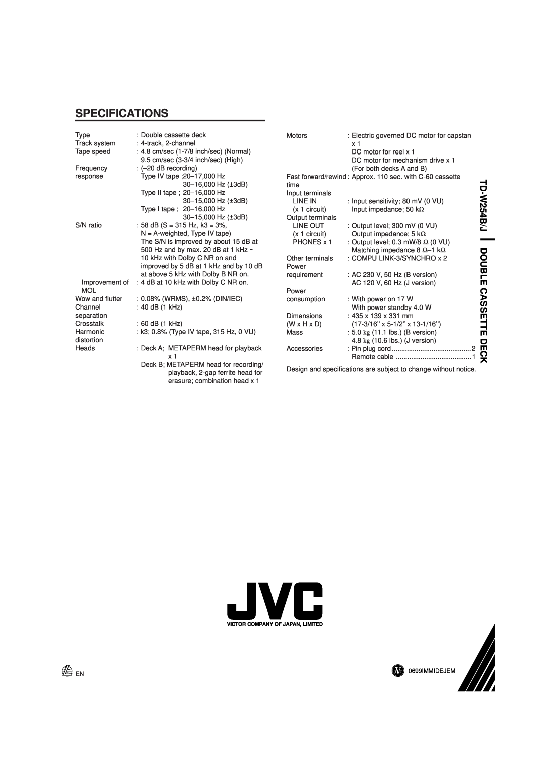 JVC TD-W254 manual Specifications, Deck, W254B/J, Double, Cassette 
