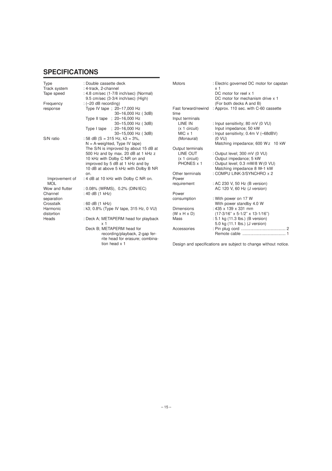 JVC TD-W354 manual Specifications, Line OUT, Mol 