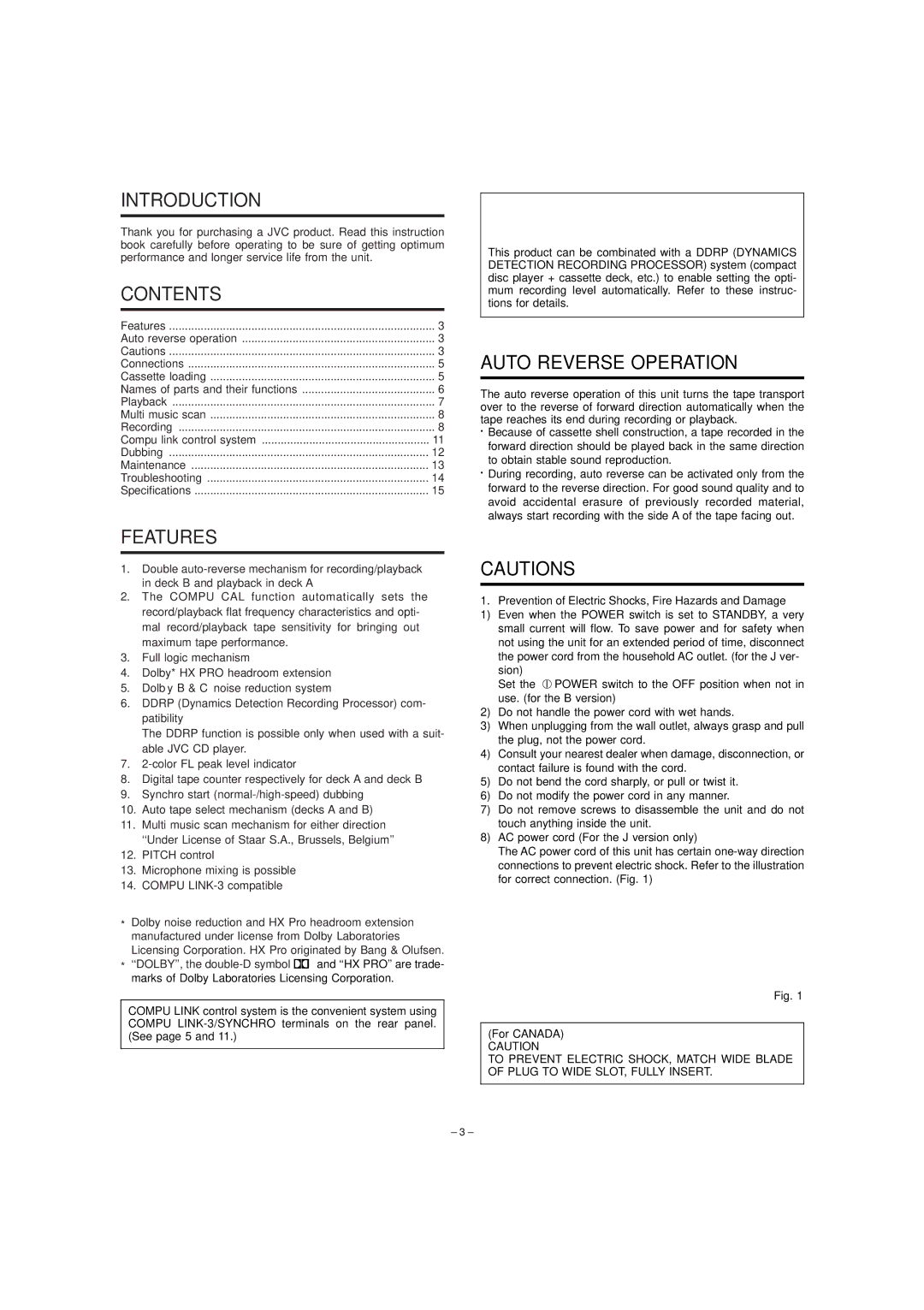 JVC TD-W354 manual Introduction, Contents, Features, Auto Reverse Operation 