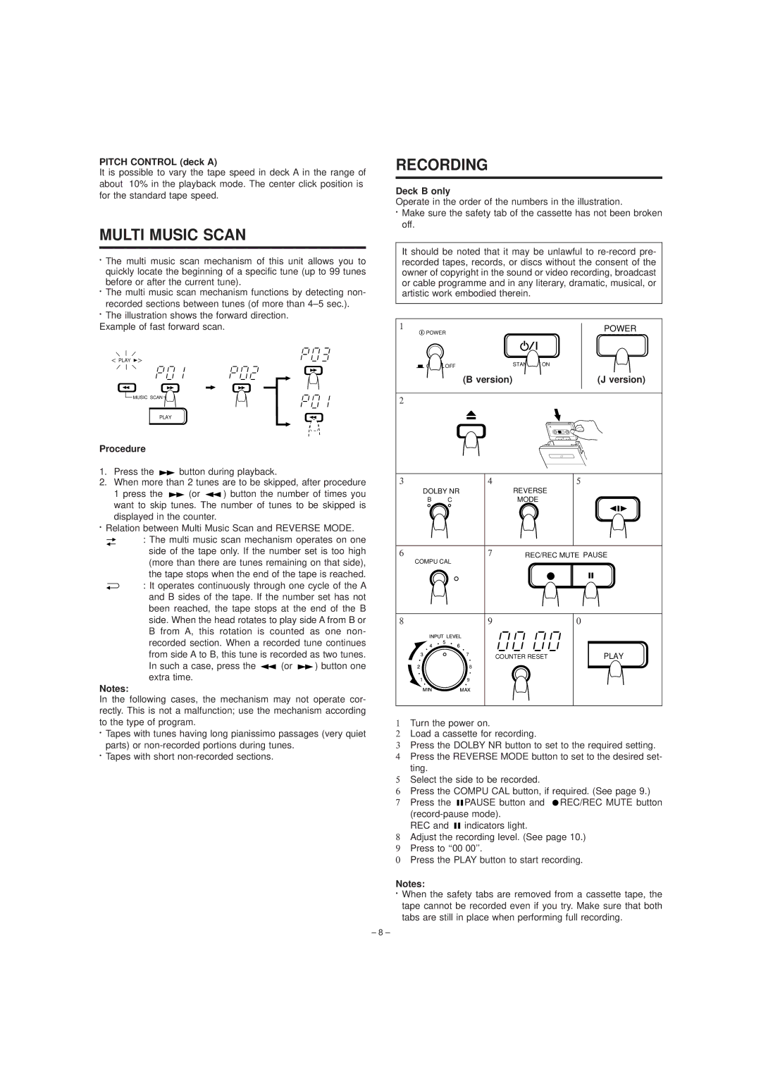JVC TD-W354 manual Multi Music Scan, Recording, Procedure, Deck B only 