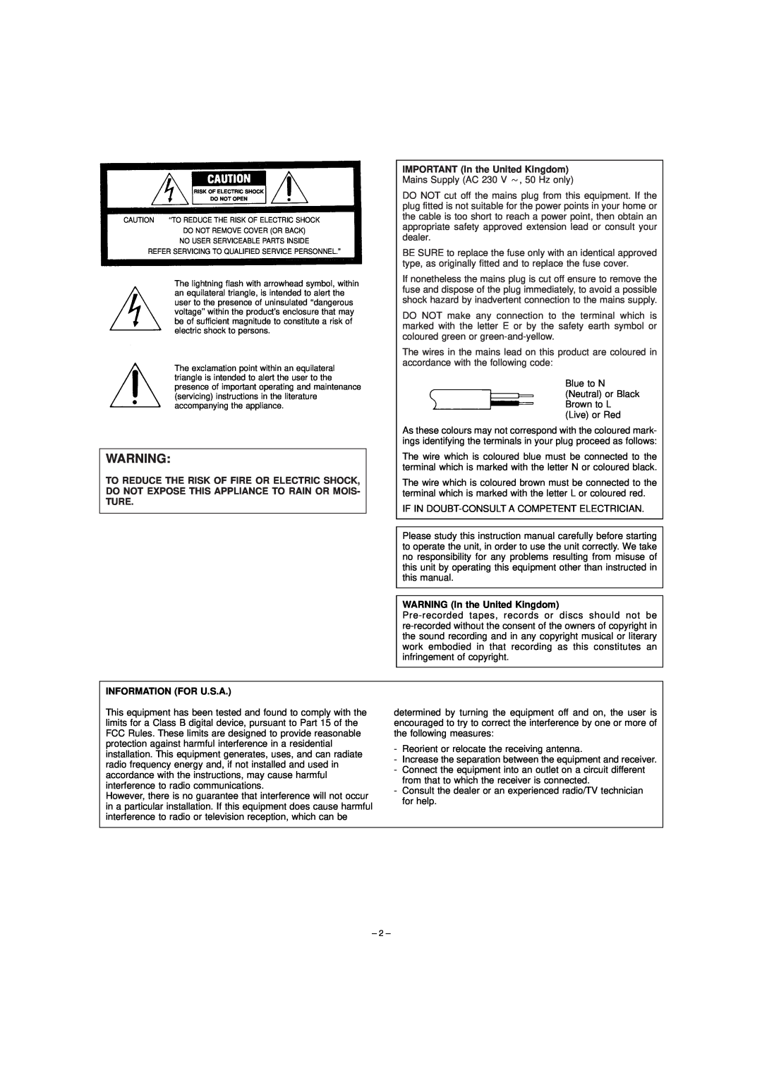 JVC TD-W354 manual IMPORTANT In the United Kingdom, WARNING In the United Kingdom, Information For U.S.A 
