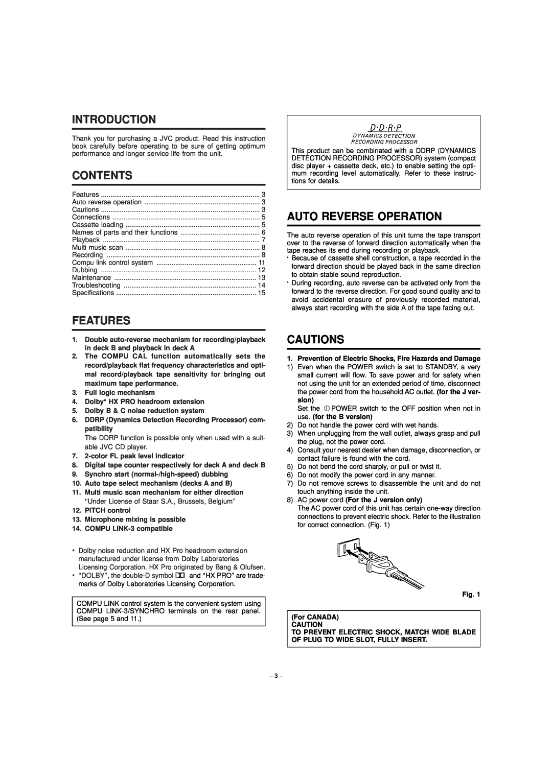 JVC TD-W354 manual Introduction, Contents, Features, Auto Reverse Operation, Cautions 