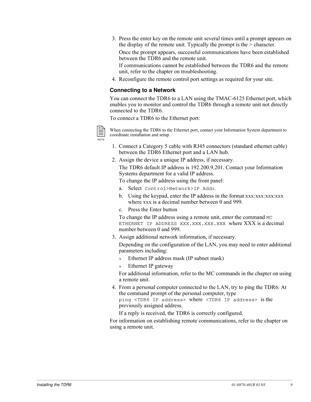 JVC TDR6 installation and operation guide Connecting to a Network 