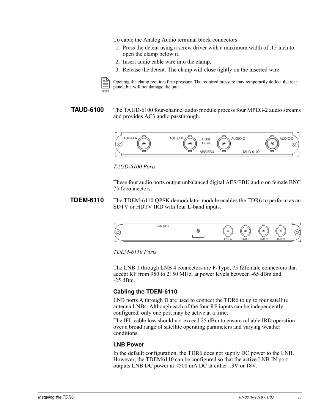 JVC TDR6 installation and operation guide Cabling the TDEM-6110, LNB Power 