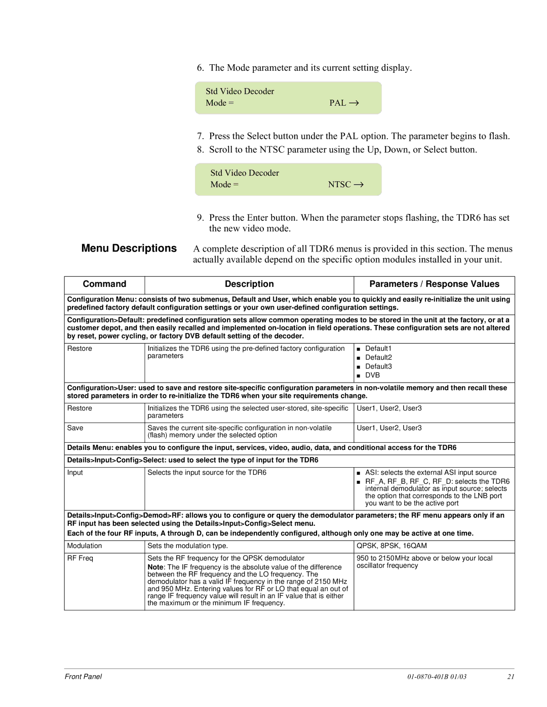 JVC TDR6 installation and operation guide Command Description Parameters / Response Values, Dvb, QPSK, 8PSK, 16QAM 