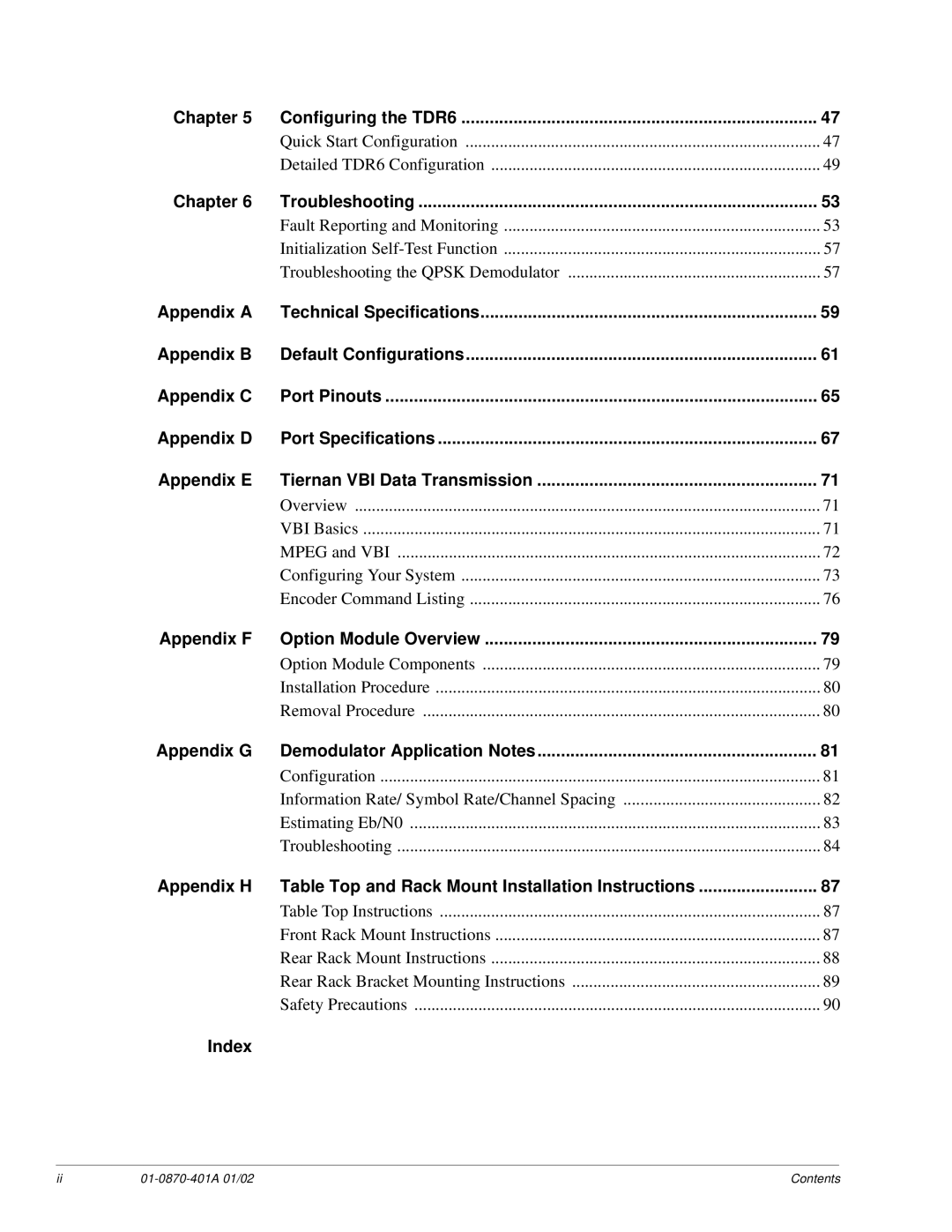 JVC Chapter Configuring the TDR6, Chapter Troubleshooting, Appendix F Option Module Overview, Index 