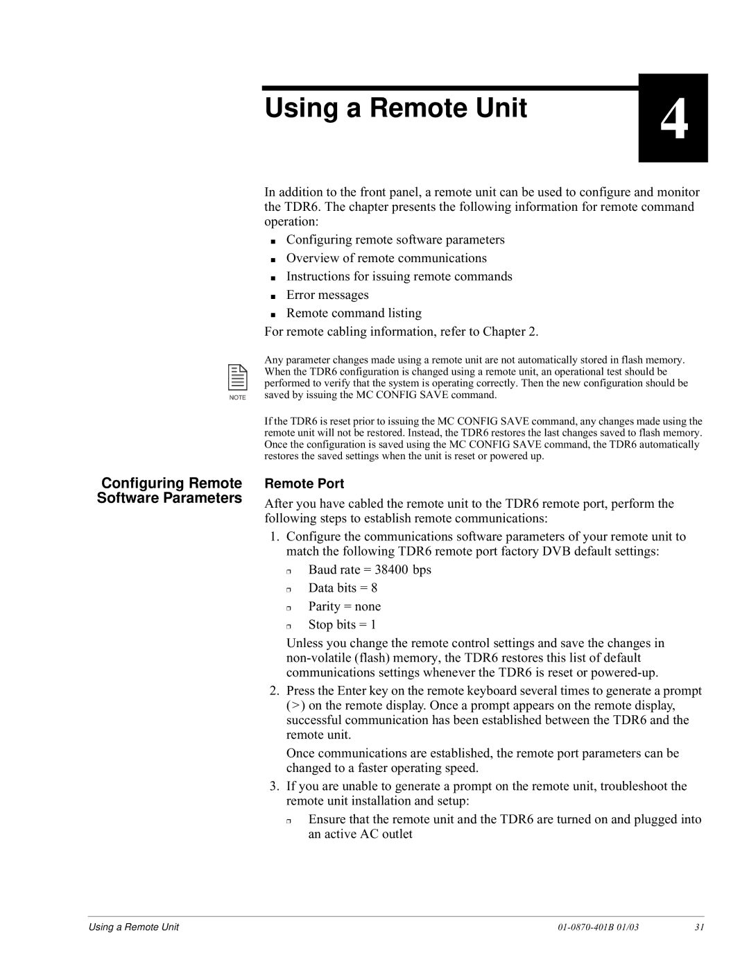 JVC TDR6 installation and operation guide Using a Remote Unit, Configuring Remote Software Parameters, Remote Port 