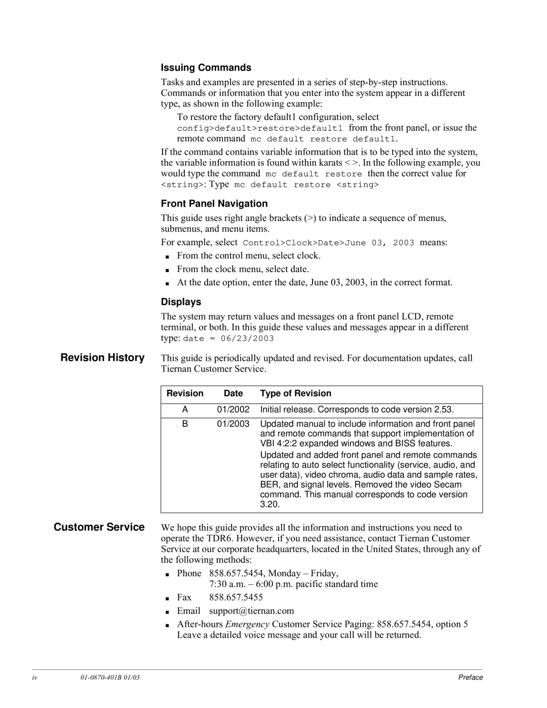 JVC TDR6 installation and operation guide Issuing Commands, Front Panel Navigation, Displays, Type of Revision 