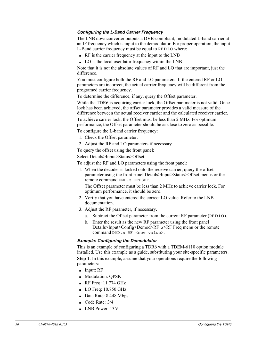 JVC TDR6 installation and operation guide Configuring the L-Band Carrier Frequency 