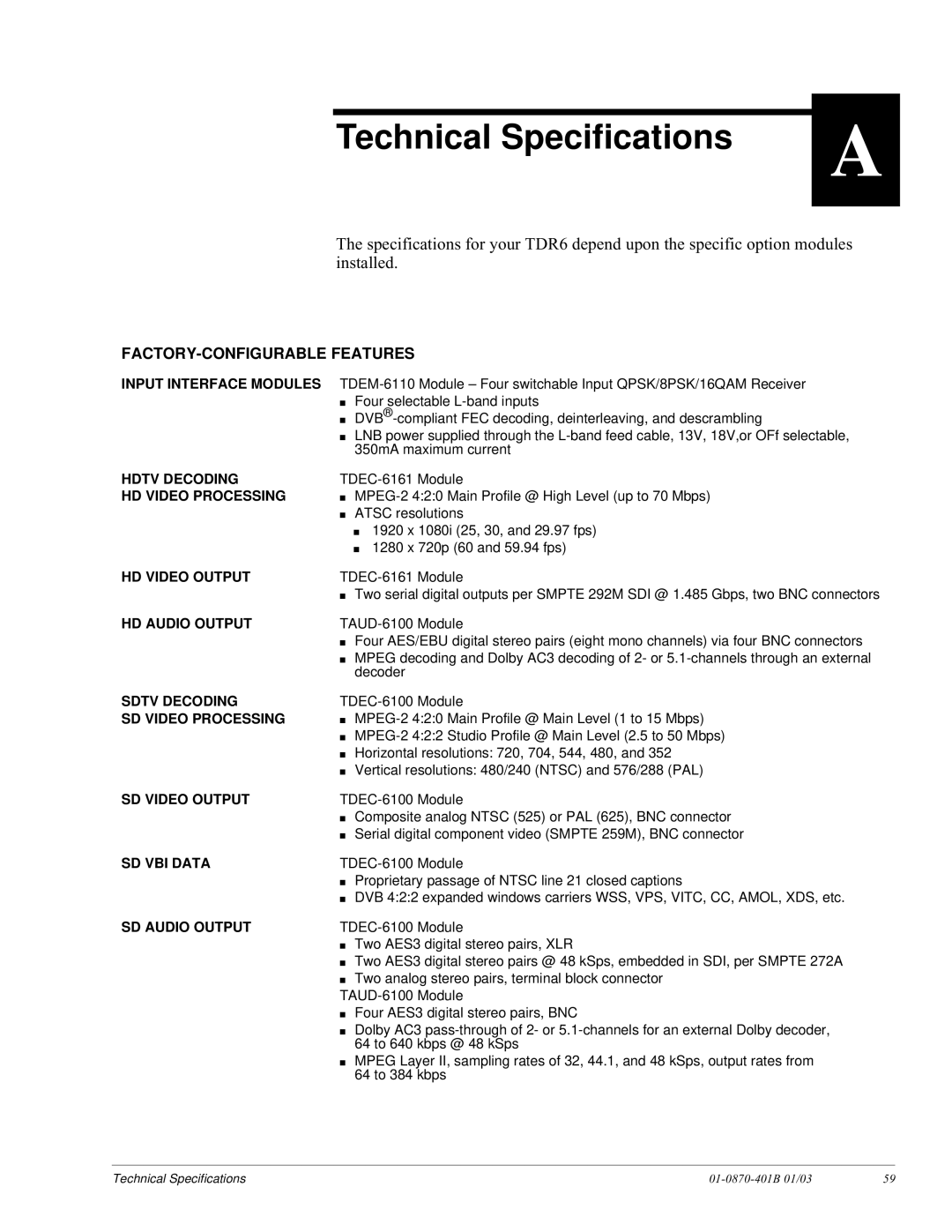 JVC TDR6 installation and operation guide Technical Specifications, FACTORY-CONFIGURABLE Features 