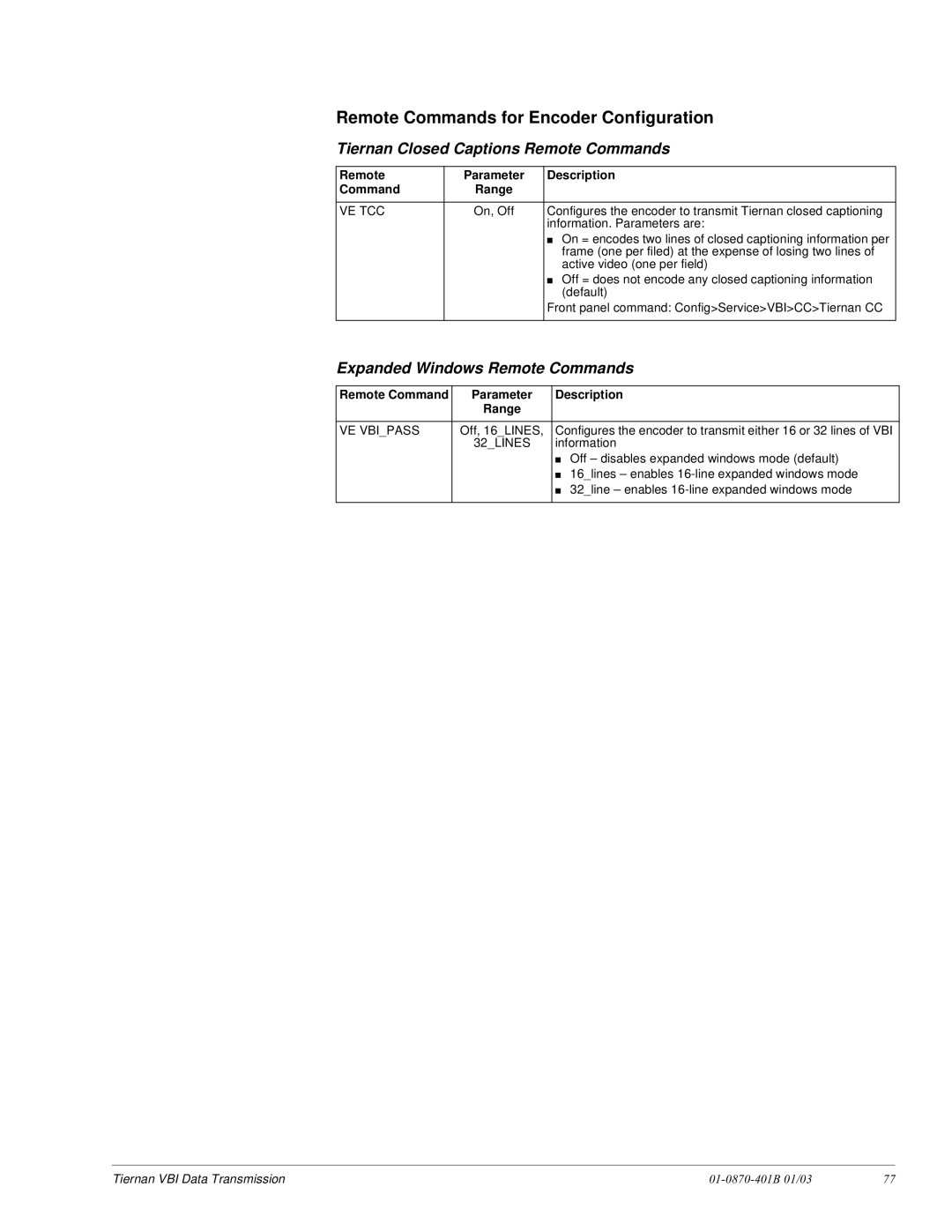 JVC TDR6 installation and operation guide Remote Commands for Encoder Configuration, Ve Tcc, VE Vbipass, 32LINES 