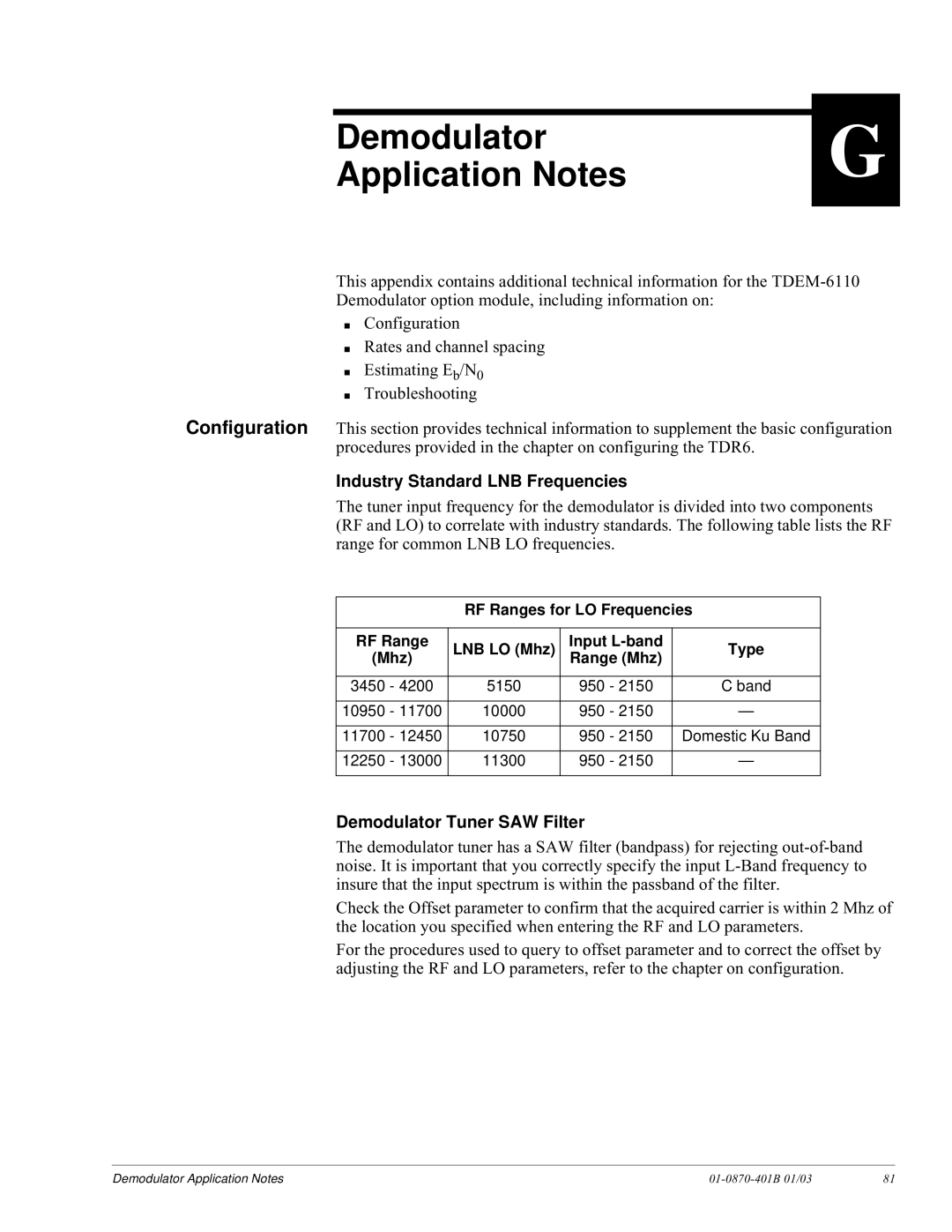 JVC TDR6 Demodulator Application Notes, Industry Standard LNB Frequencies, Demodulator Tuner SAW Filter 