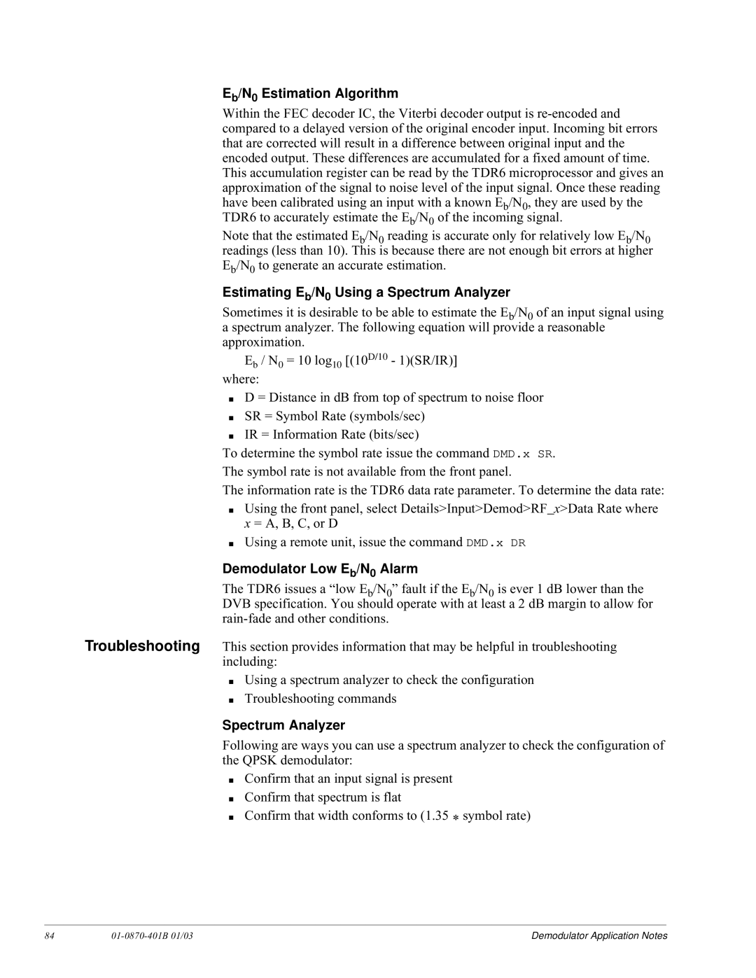 JVC TDR6 Eb/N0 Estimation Algorithm, Estimating Eb/N0 Using a Spectrum Analyzer, Demodulator Low Eb/N0 Alarm 