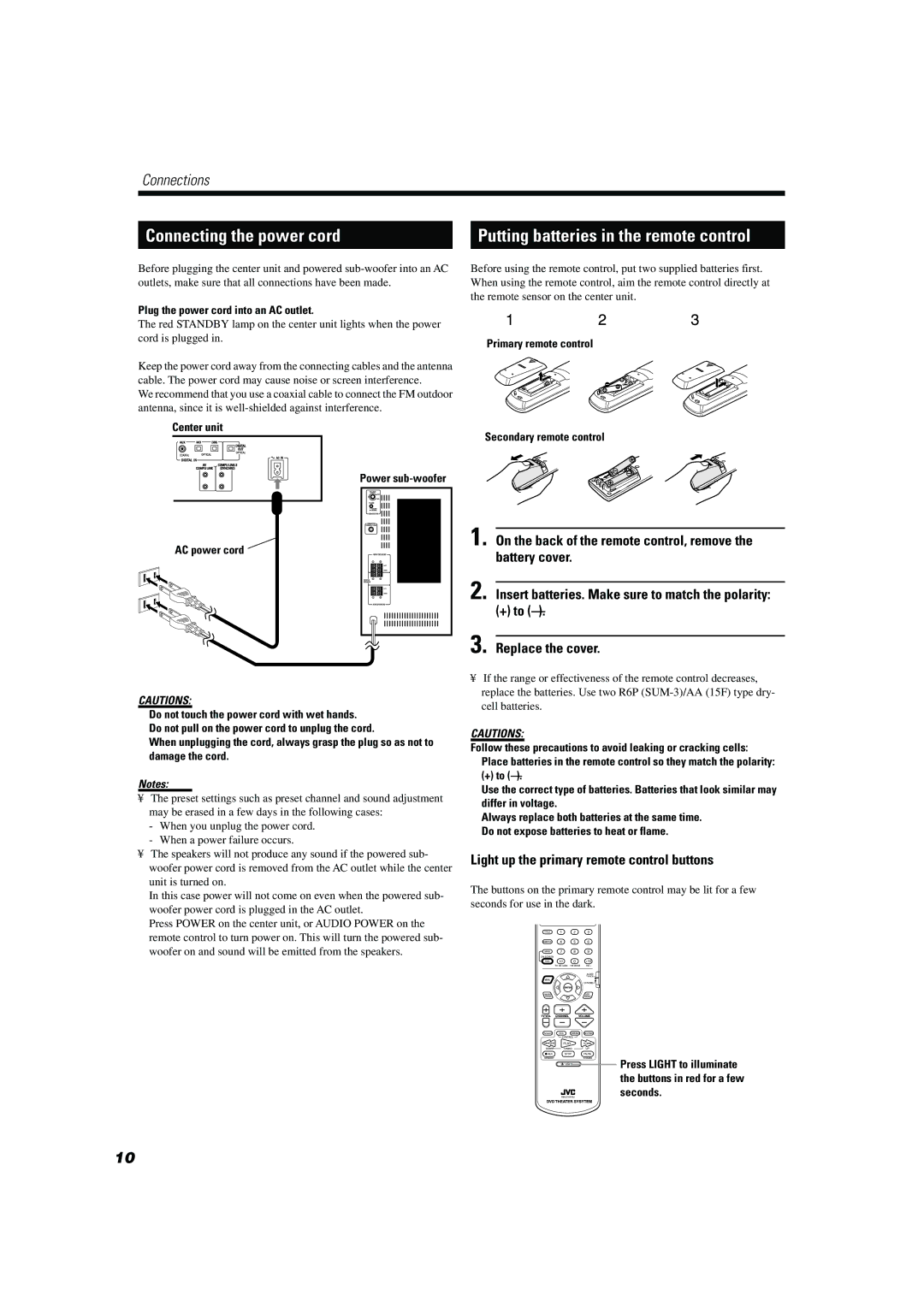 JVC TH-A10 Connecting the power cord, Light up the primary remote control buttons, Plug the power cord into an AC outlet 