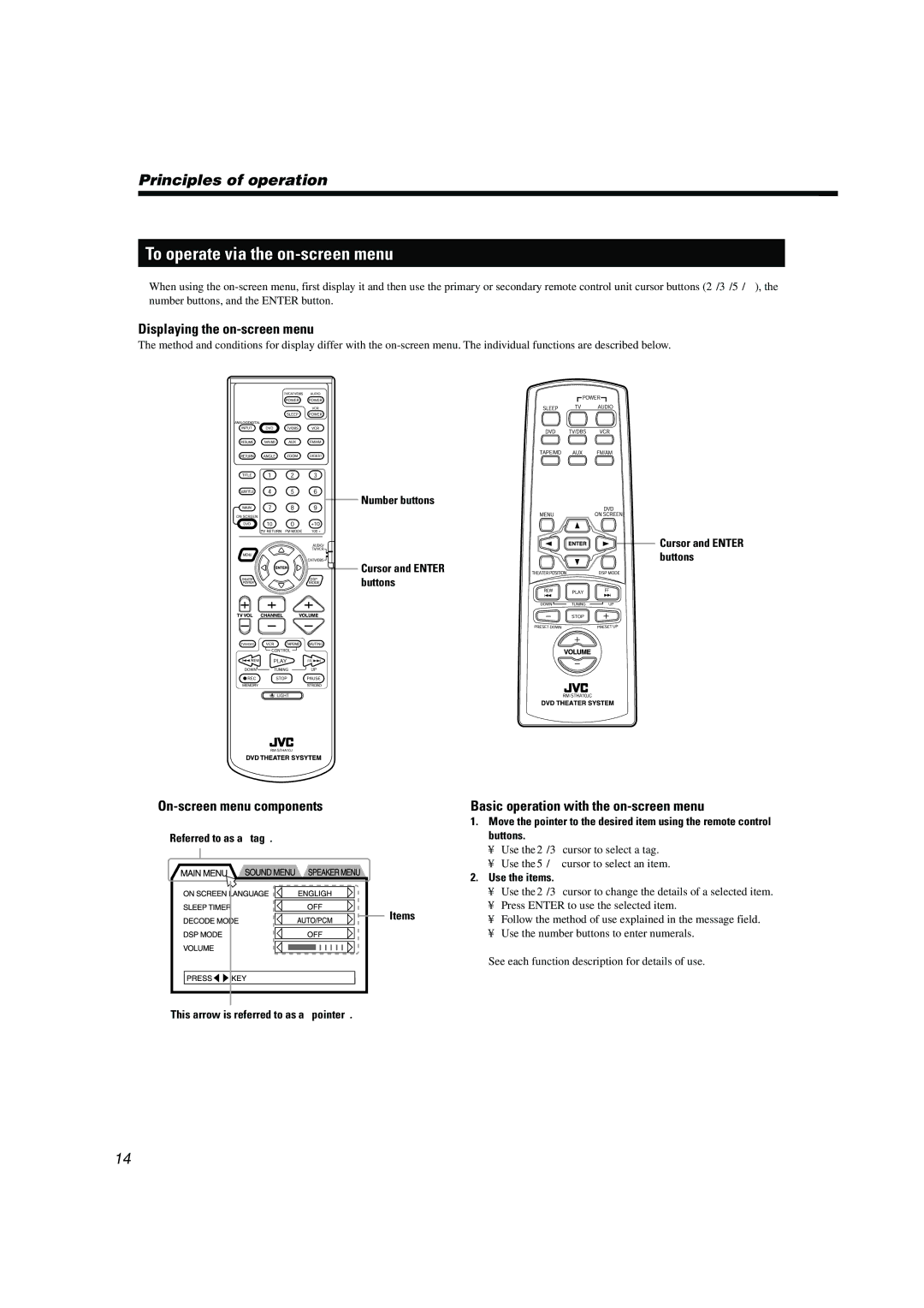 JVC TH-A10 manual To operate via the on-screen menu, Displaying the on-screen menu, On-screen menu components 