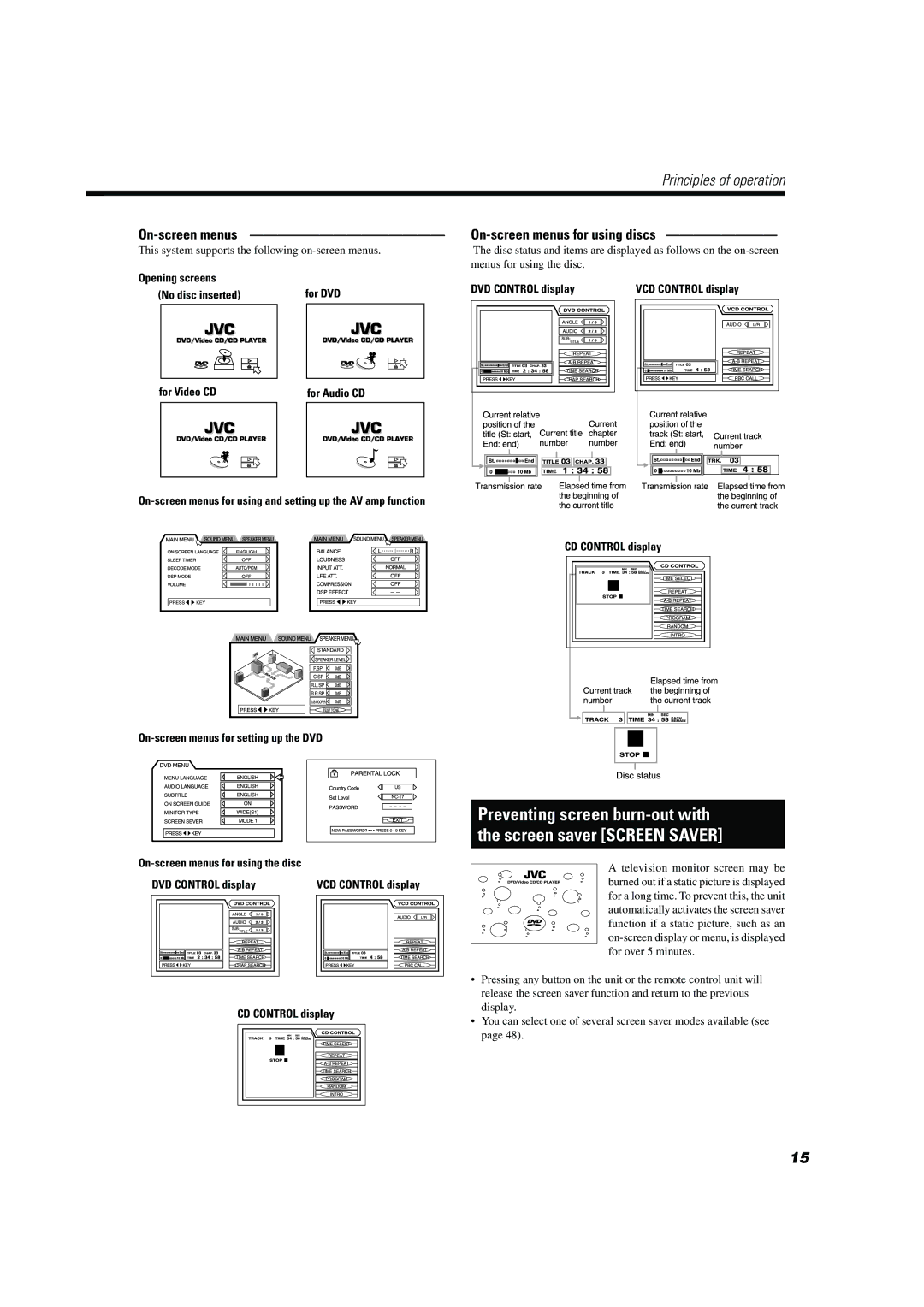 JVC TH-A10 Preventing screen burn-out with Screen saver Screen Saver, On-screen menus On-screen menus for using discs 