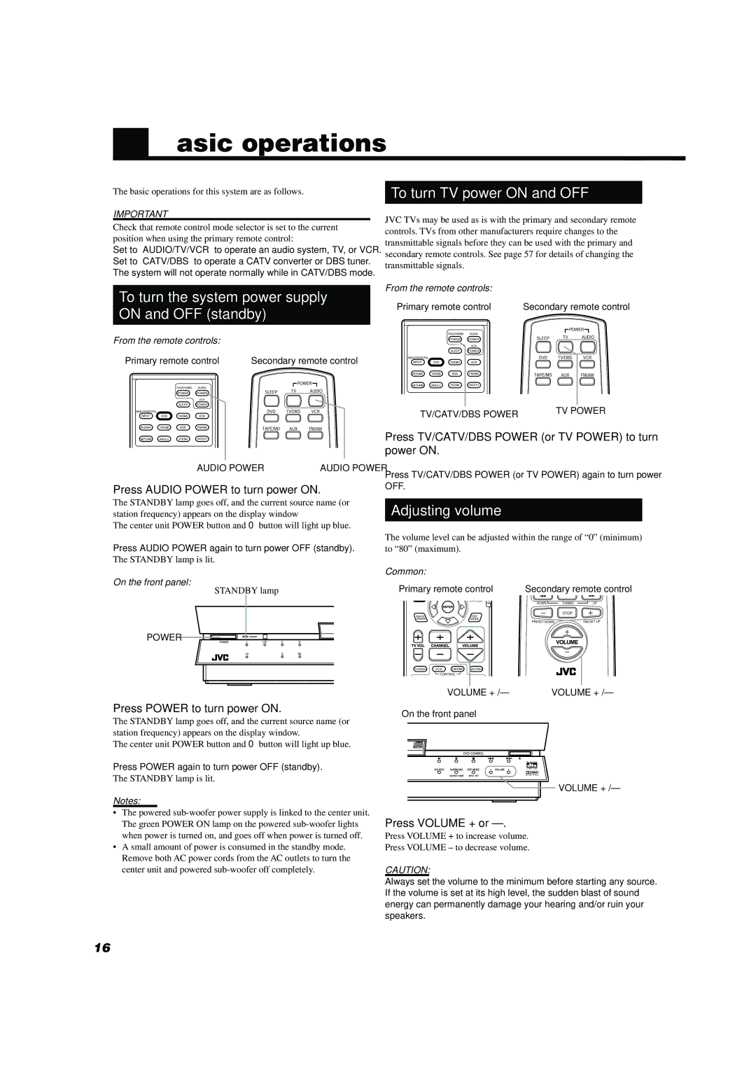 JVC TH-A10 manual Basic operations, To turn the system power supply On and OFF standby, To turn TV power on and OFF 