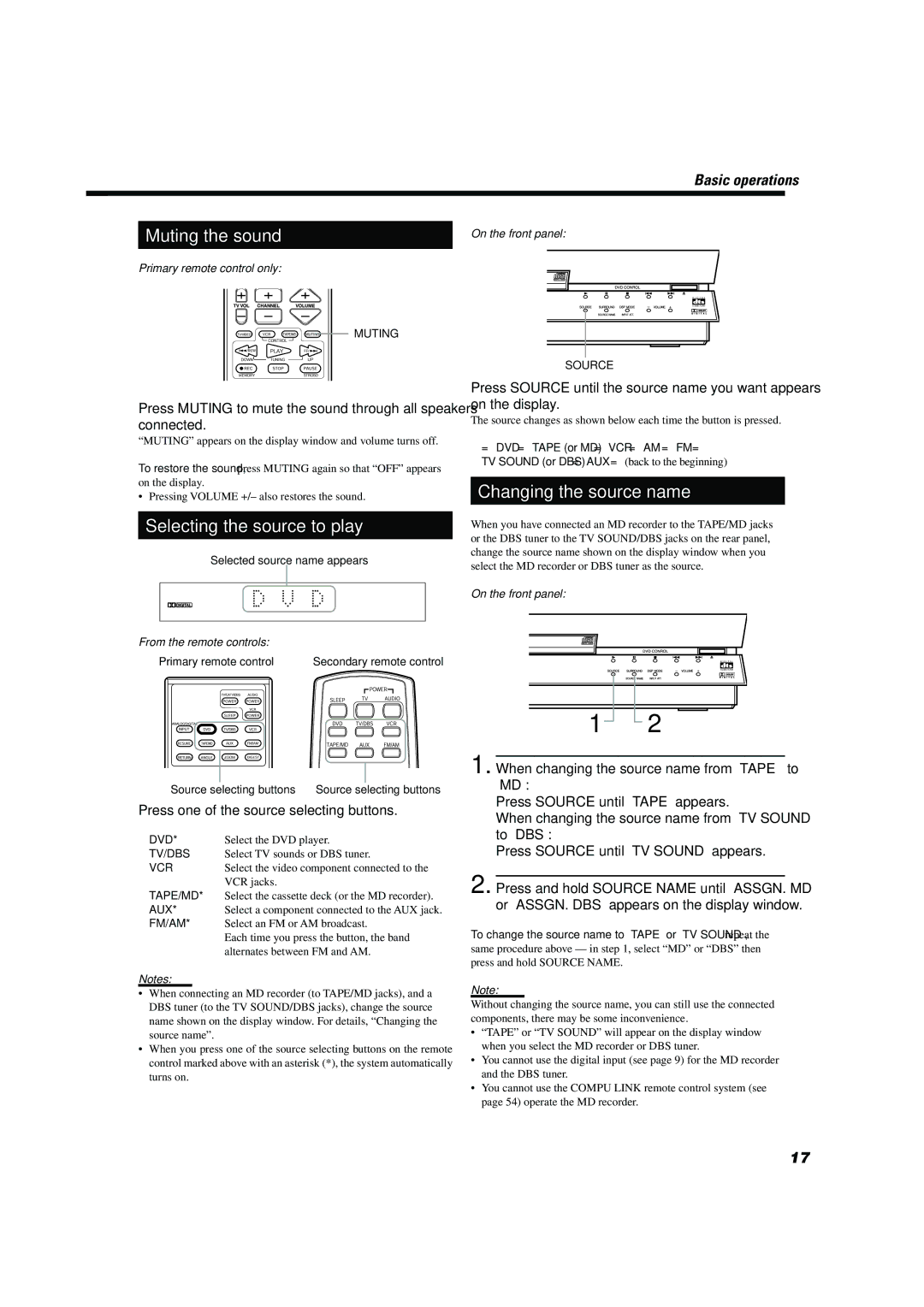 JVC TH-A10 manual Muting the sound, Selecting the source to play, Changing the source name 