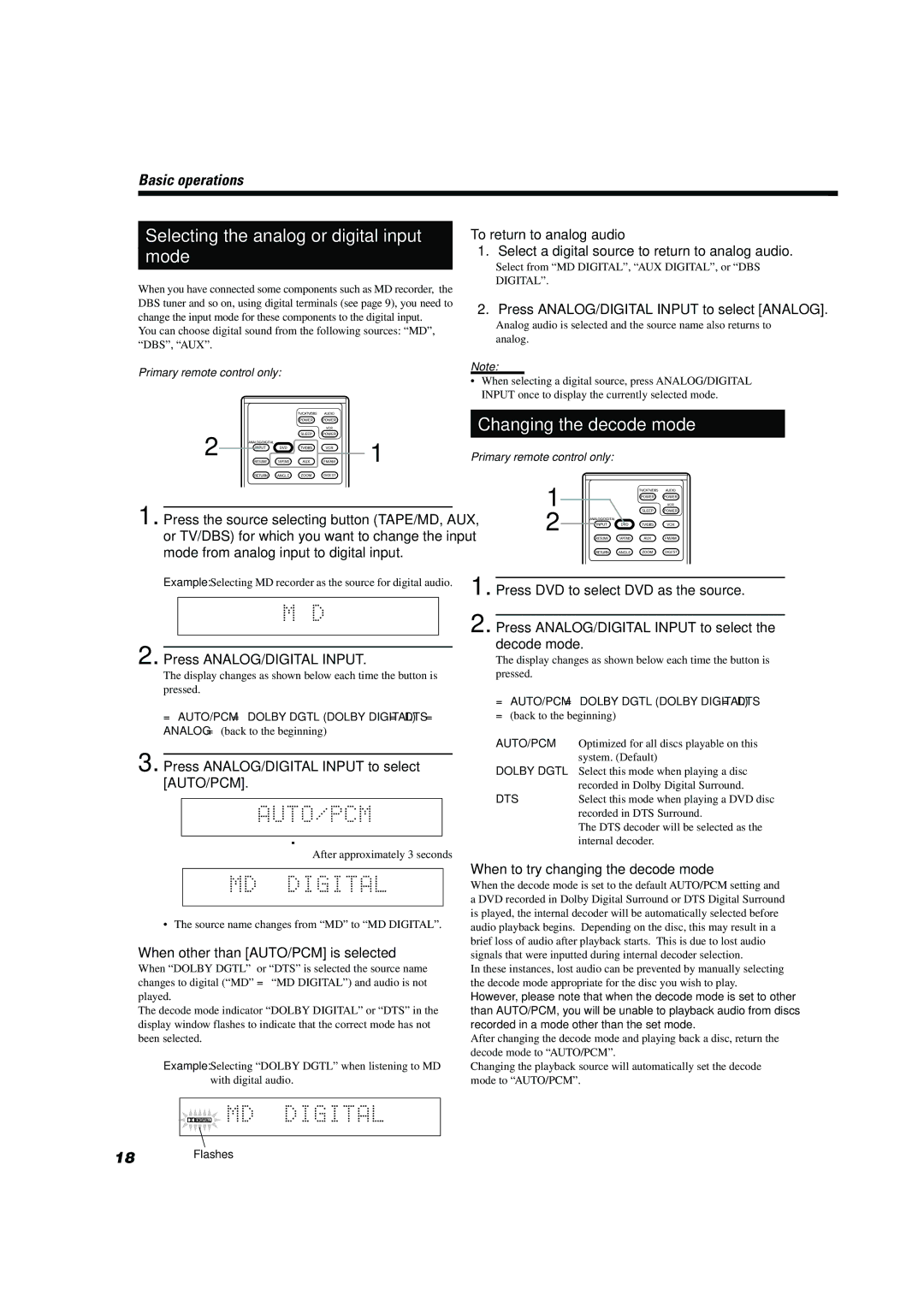 JVC TH-A10 manual Selecting the analog or digital input Mode, Changing the decode mode 