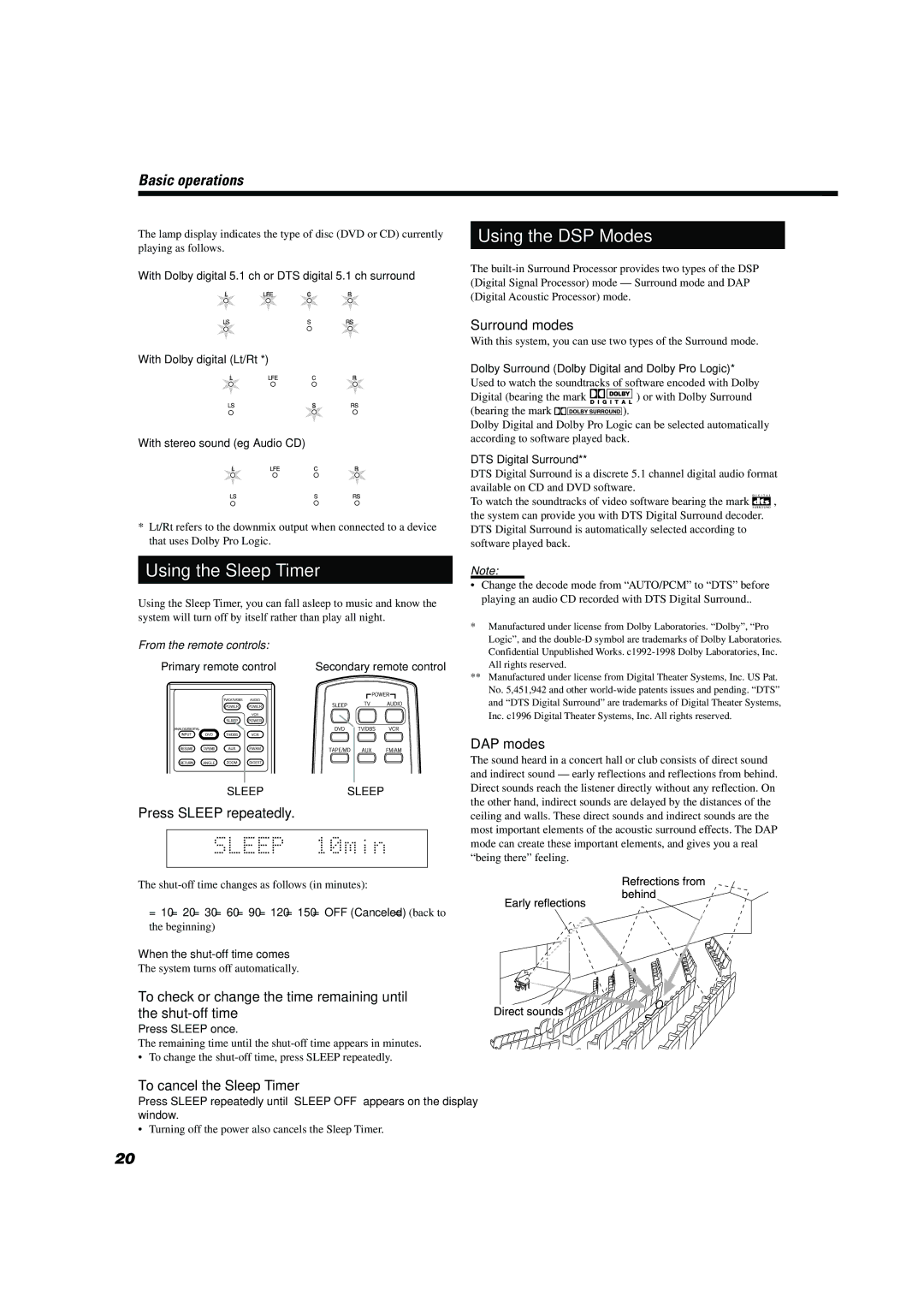 JVC TH-A10 manual Using the Sleep Timer, Using the DSP Modes 