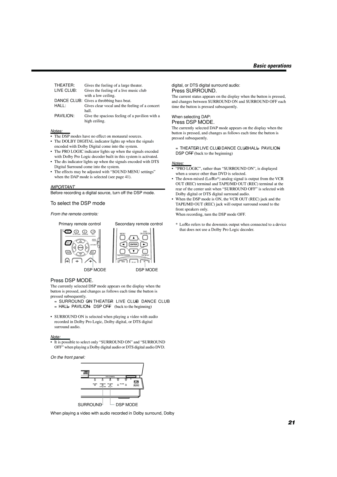 JVC TH-A10 Press Surround, Press DSP Mode, Before recording a digital source, turn off the DSP mode, When selecting DAP 