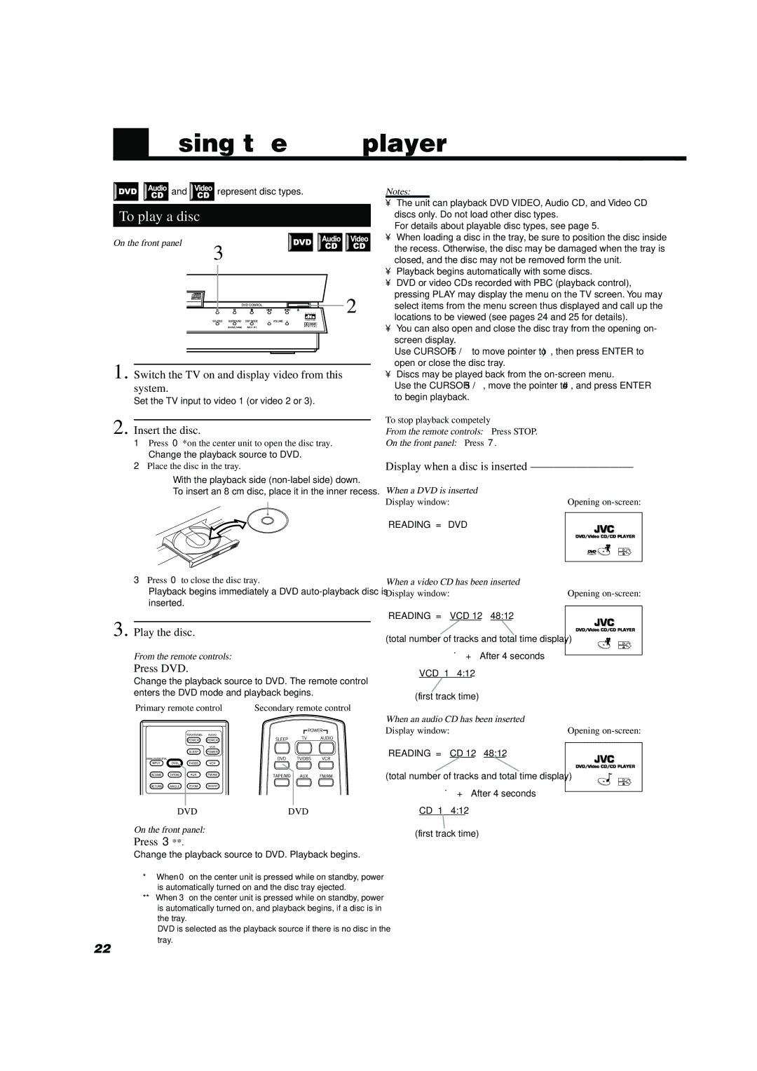 JVC TH-A10 manual Using the DVD player, To play a disc 