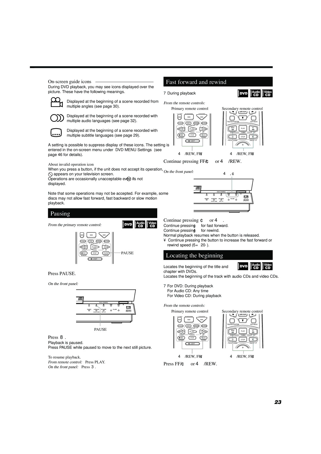 JVC TH-A10 manual Pausing, Fast forward and rewind, Locating the beginning 