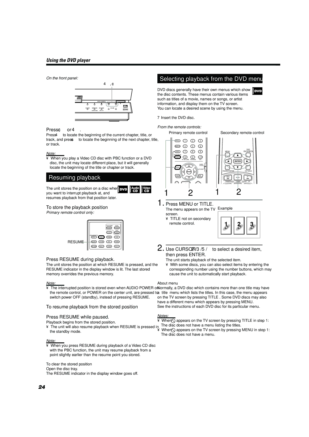 JVC TH-A10 manual Resuming playback, Selecting playback from the DVD menu, Press ¢or, Press Resume during playback 