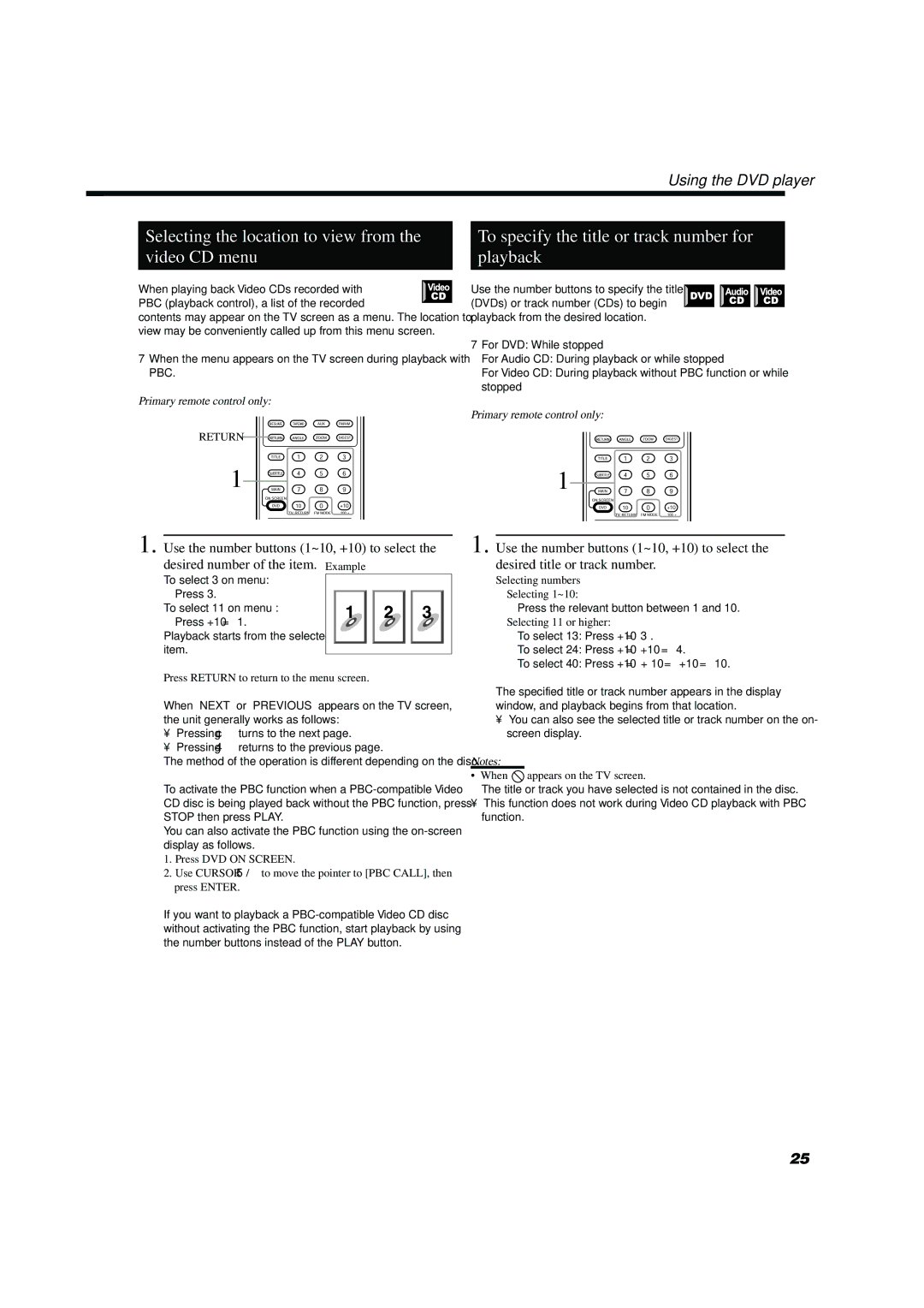 JVC TH-A10 manual Video CD menu, To specify the title or track number for Playback 