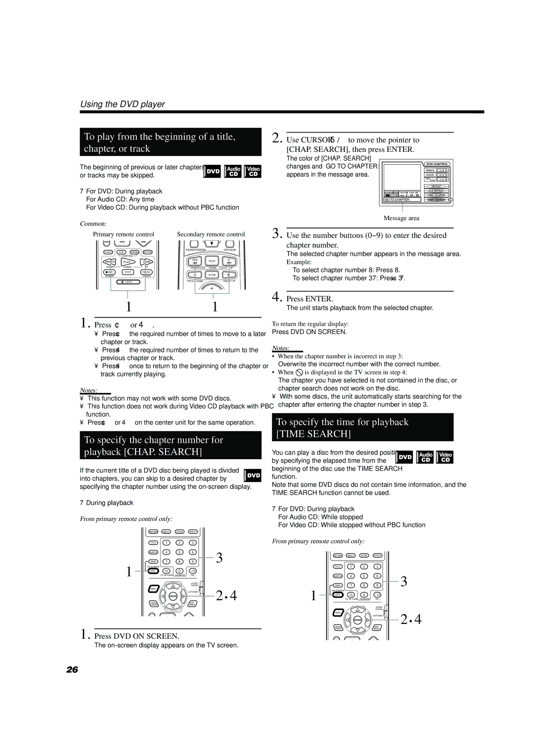 JVC TH-A10 To play from the beginning of a title Chapter, or track, To specify the time for playback, Press DVD on Screen 