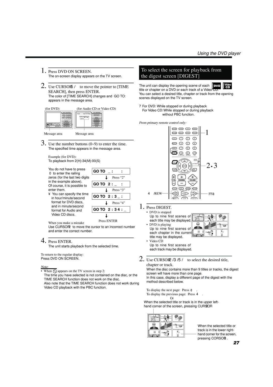 JVC TH-A10 manual To select the screen for playback from Digest screen Digest, SEARCH, then press Enter, Press Digest 