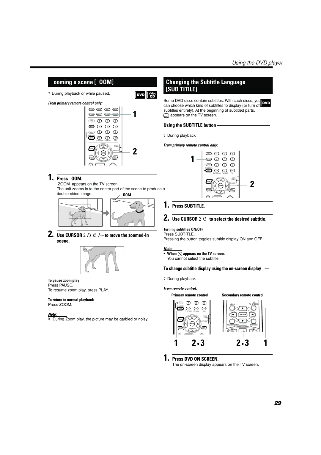 JVC TH-A10 manual Zooming a scene Zoom, Changing the Subtitle Language 