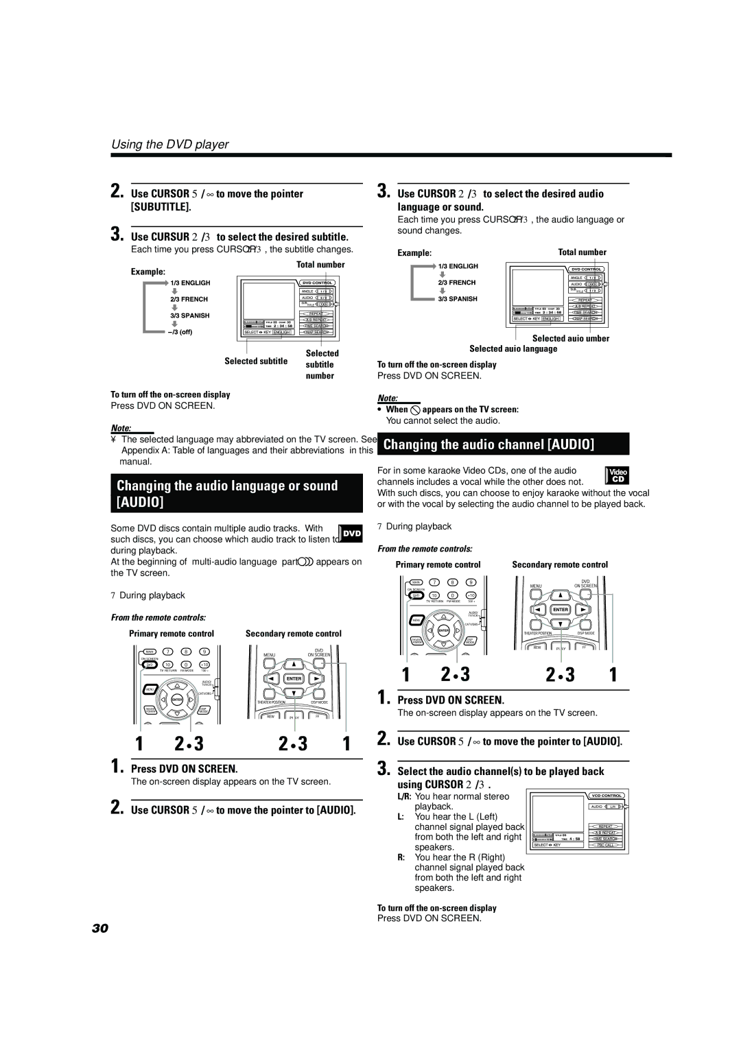 JVC TH-A10 manual Changing the audio channel Audio, Use Cursor 5/∞to move the pointer Subutitle 