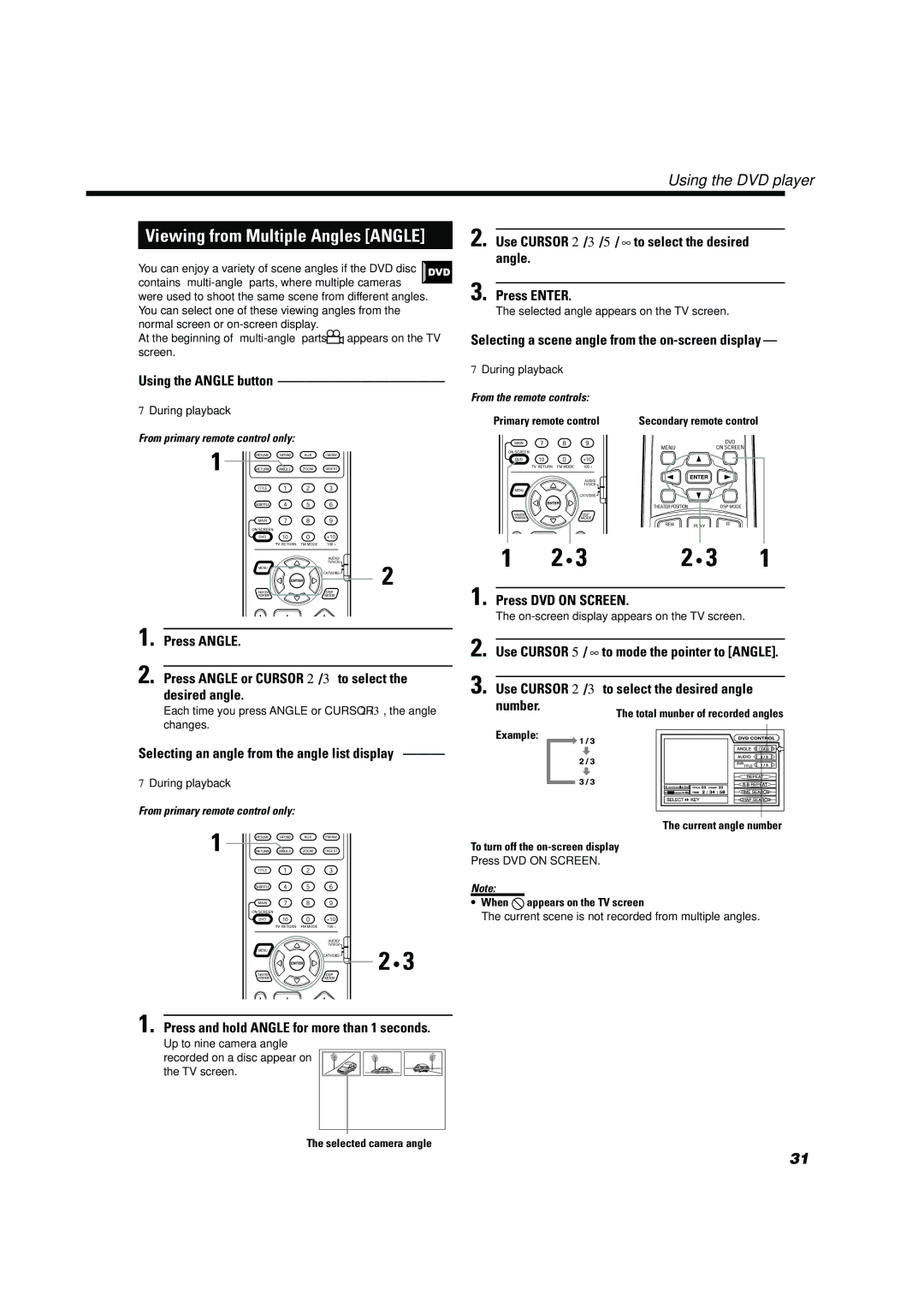 JVC TH-A10 Use Cursor 2/3/5/∞to select the desired angle Press Enter, Selecting a scene angle from the on-screen display 