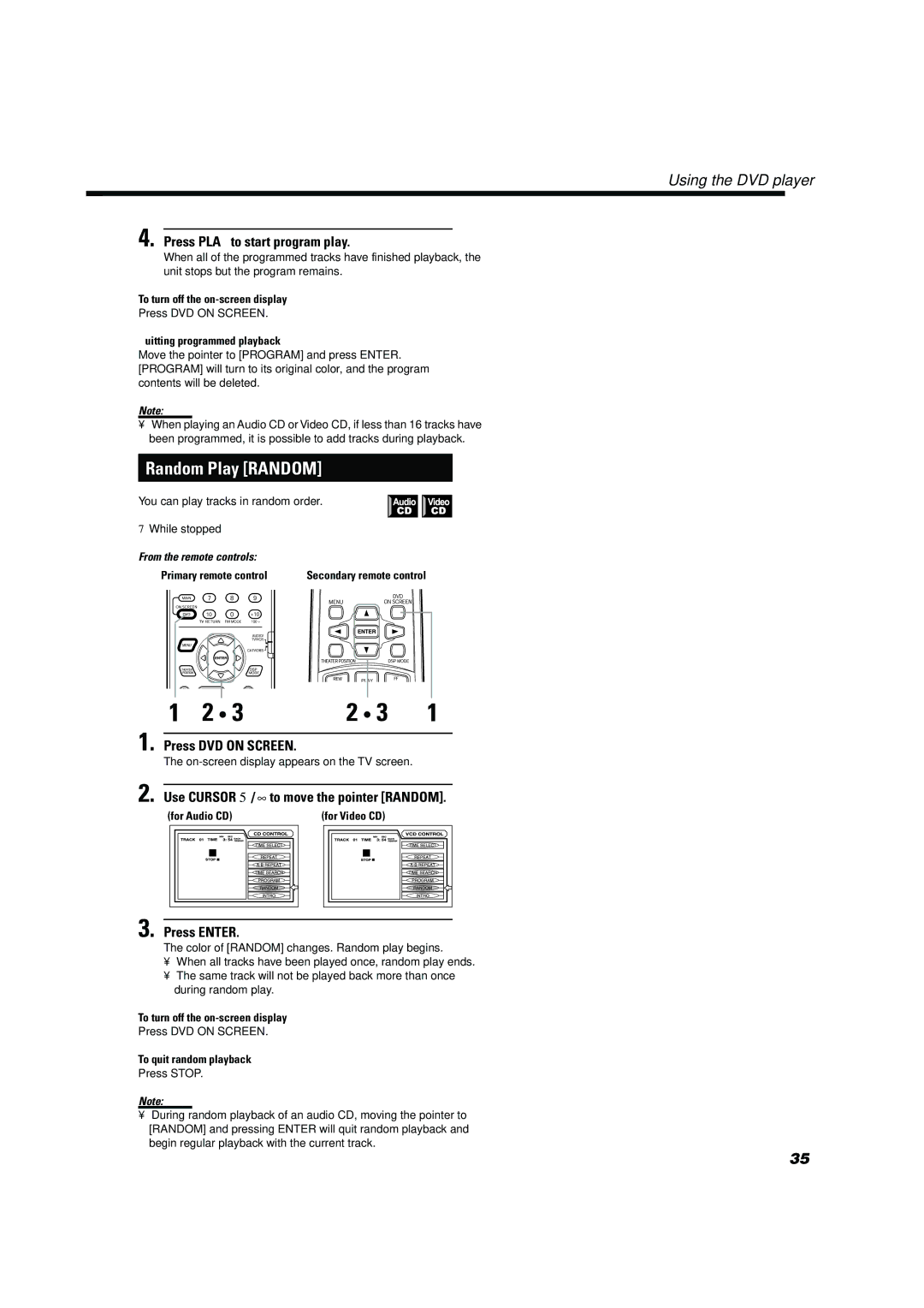 JVC TH-A10 manual Random Play Random, Press Play to start program play, Use Cursor 5/∞to move the pointer Random 