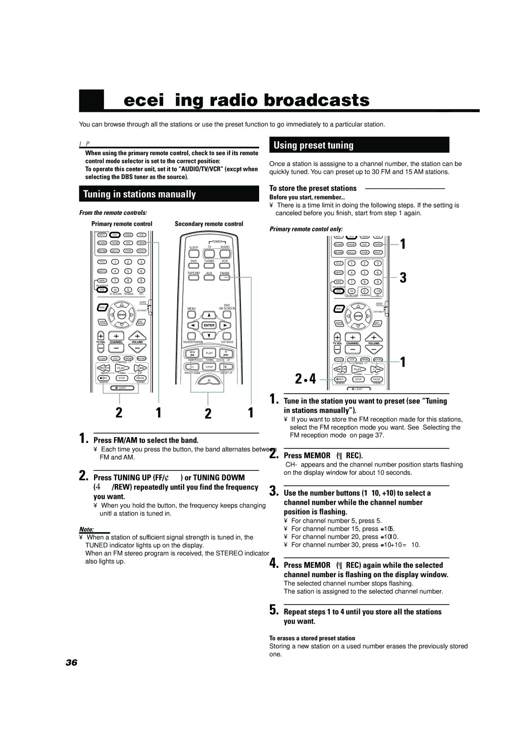 JVC TH-A10 Receiving radio broadcasts, Using preset tuning, Tuning in stations manually 