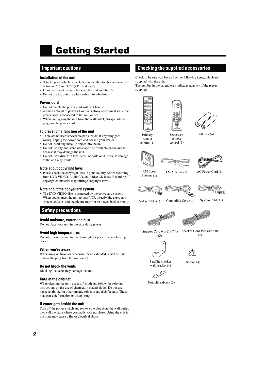 JVC TH-A10 manual Getting Started, Important cautions, Checking the supplied accessories, Safety precautions 