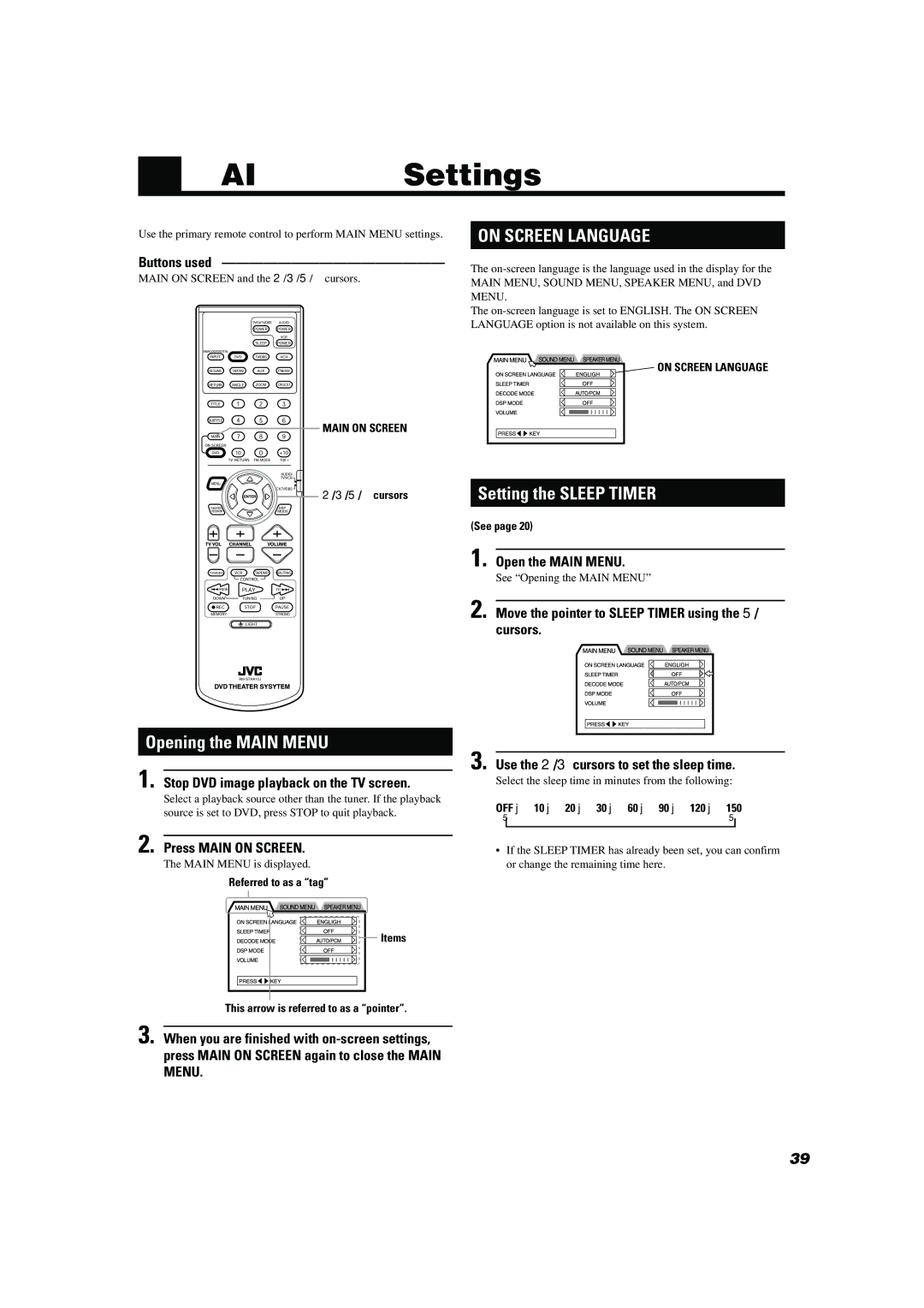 JVC TH-A10 manual Main Menu Settings, Setting the Sleep Timer, Opening the Main Menu 