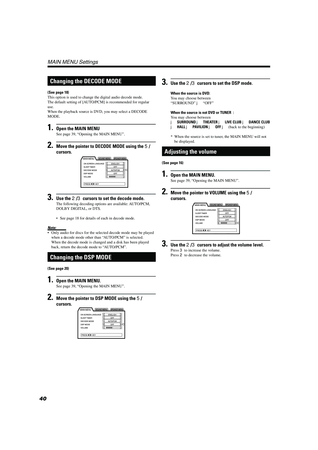 JVC TH-A10 manual Changing the DSP Mode, Adjusting the volume, When the source is DVD, When the source is not DVD or Tuner 