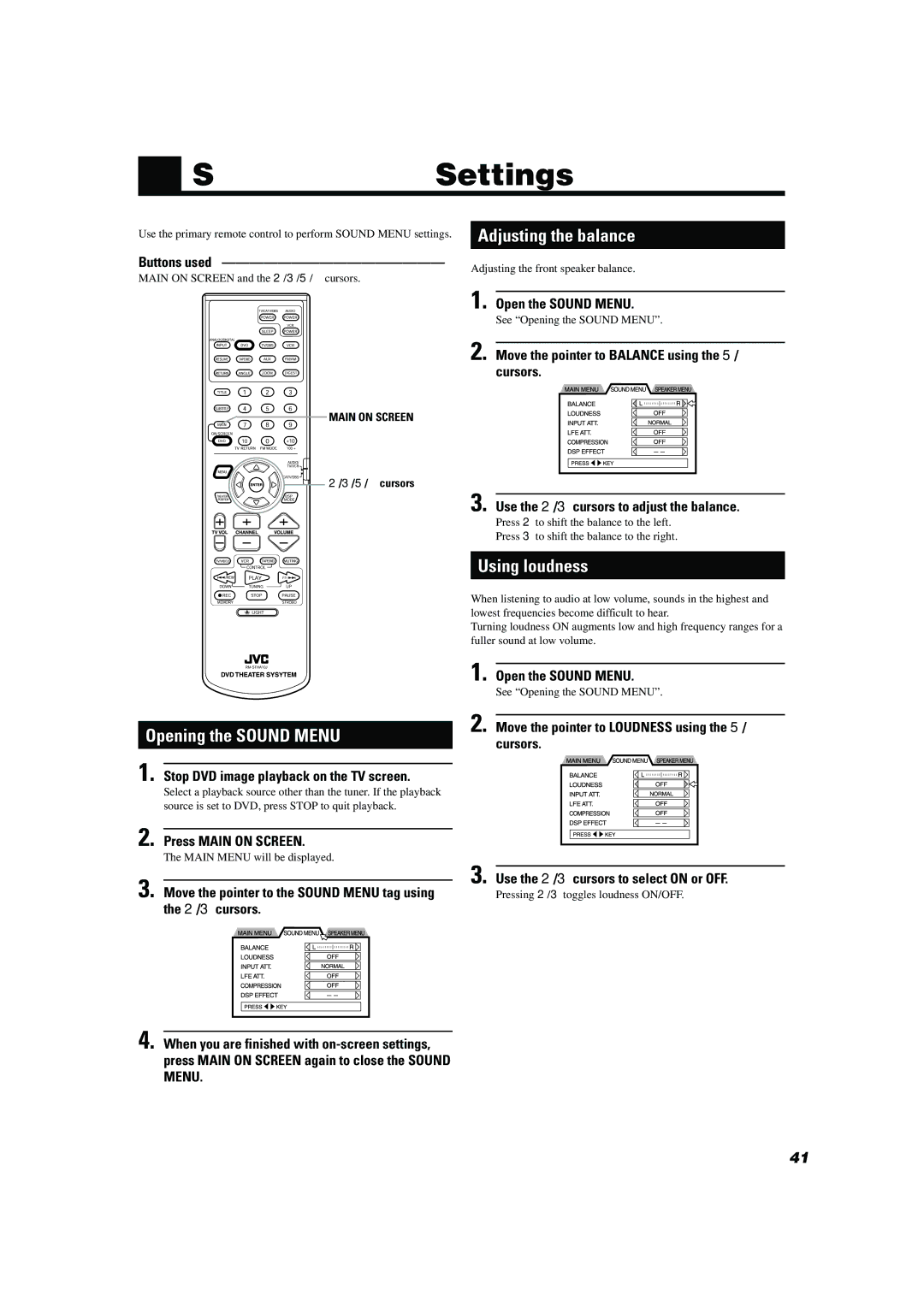 JVC TH-A10 manual Sound Menu Settings, Adjusting the balance, Using loudness, Opening the Sound Menu 