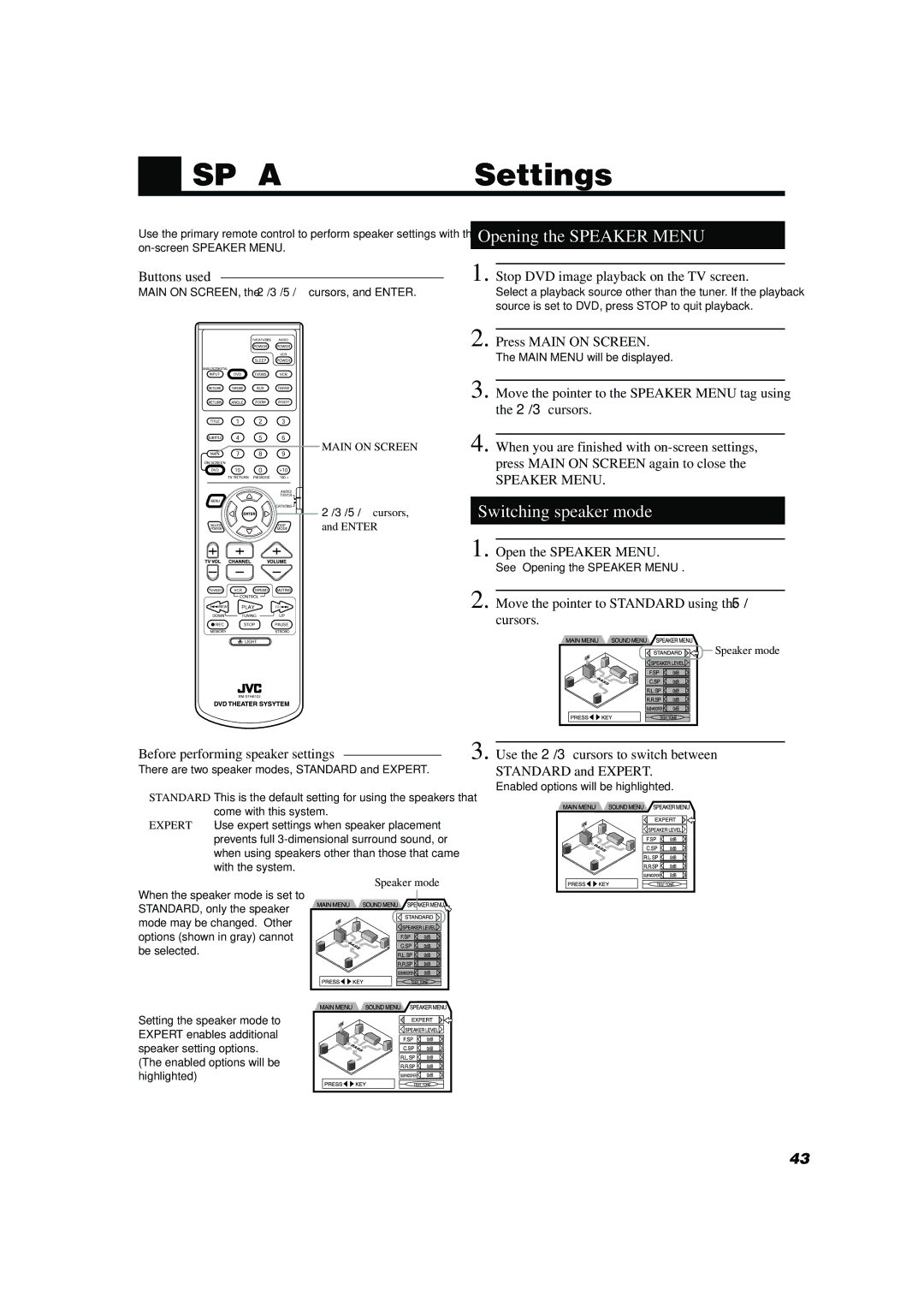 JVC TH-A10 manual Speaker Menu Settings, Opening the Speaker Menu, Switching speaker mode 