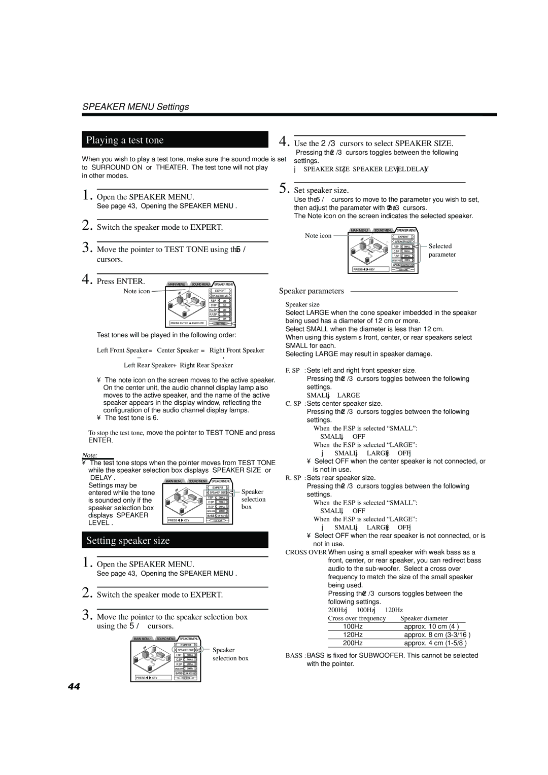 JVC TH-A10 manual Setting speaker size, Use the 2/3cursors to select Speaker Size, Set speaker size, Speaker parameters 