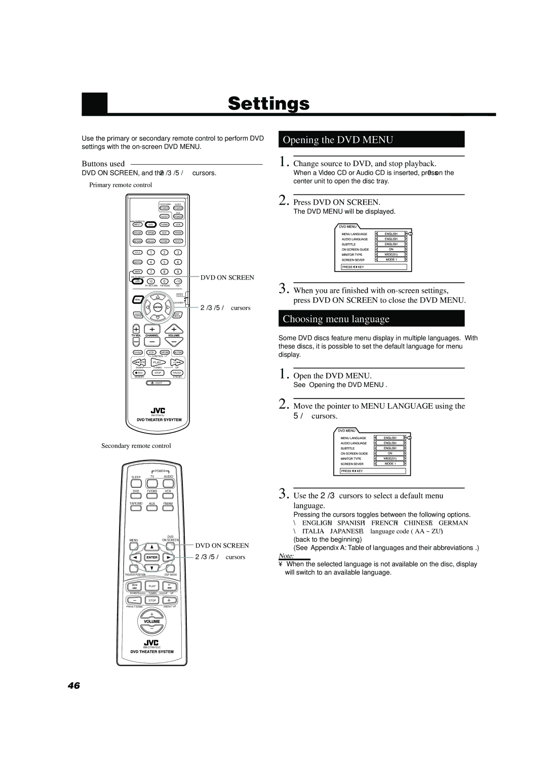 JVC TH-A10 manual DVD Menu Settings, Opening the DVD Menu, Choosing menu language, Change source to DVD, and stop playback 