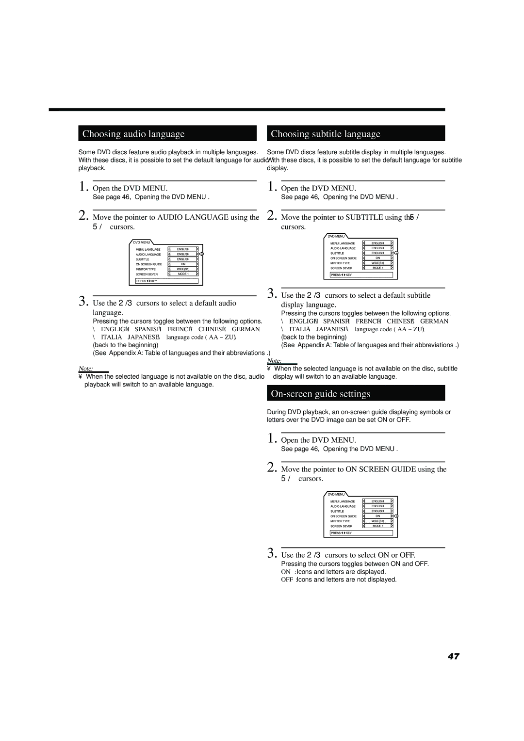 JVC TH-A10 manual Choosing audio language, Choosing subtitle language, On-screen guide settings 