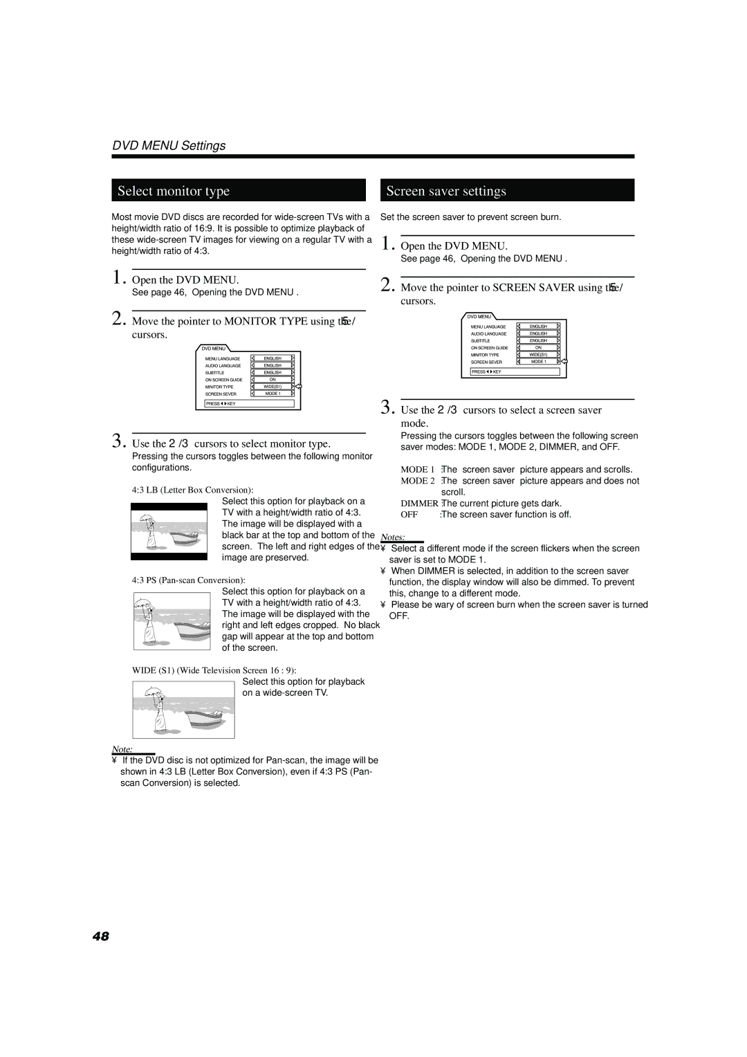 JVC TH-A10 manual Select monitor type, Screen saver settings, LB Letter Box Conversion, PS Pan-scan Conversion 