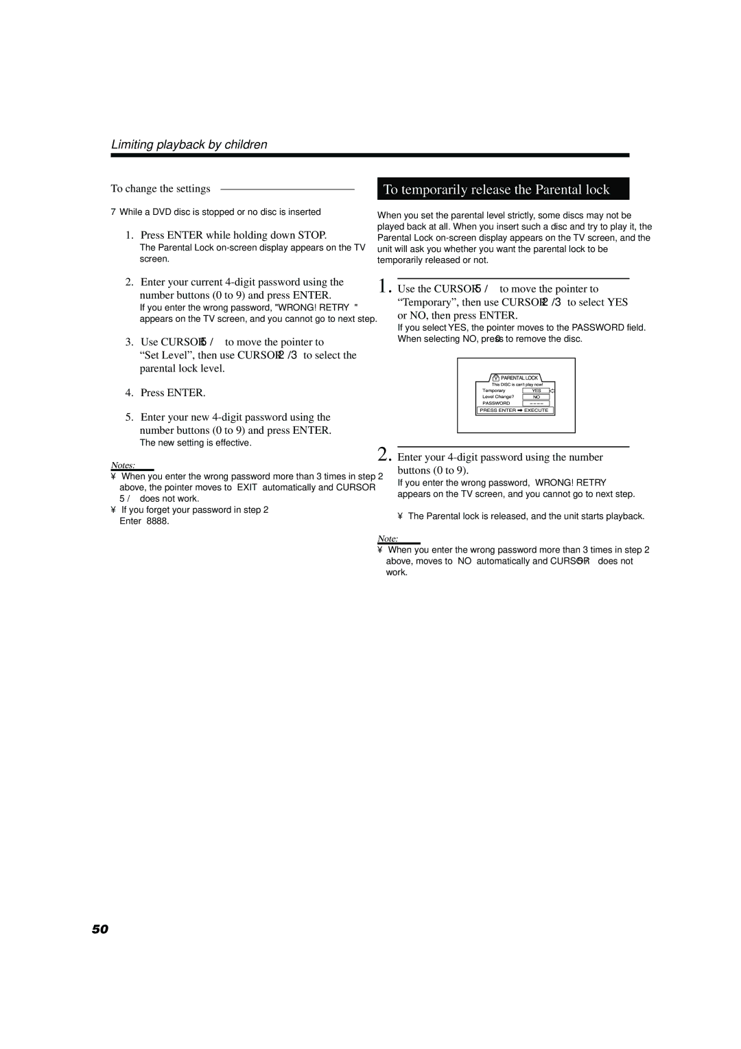 JVC TH-A10 manual To temporarily release the Parental lock, To change the settings 