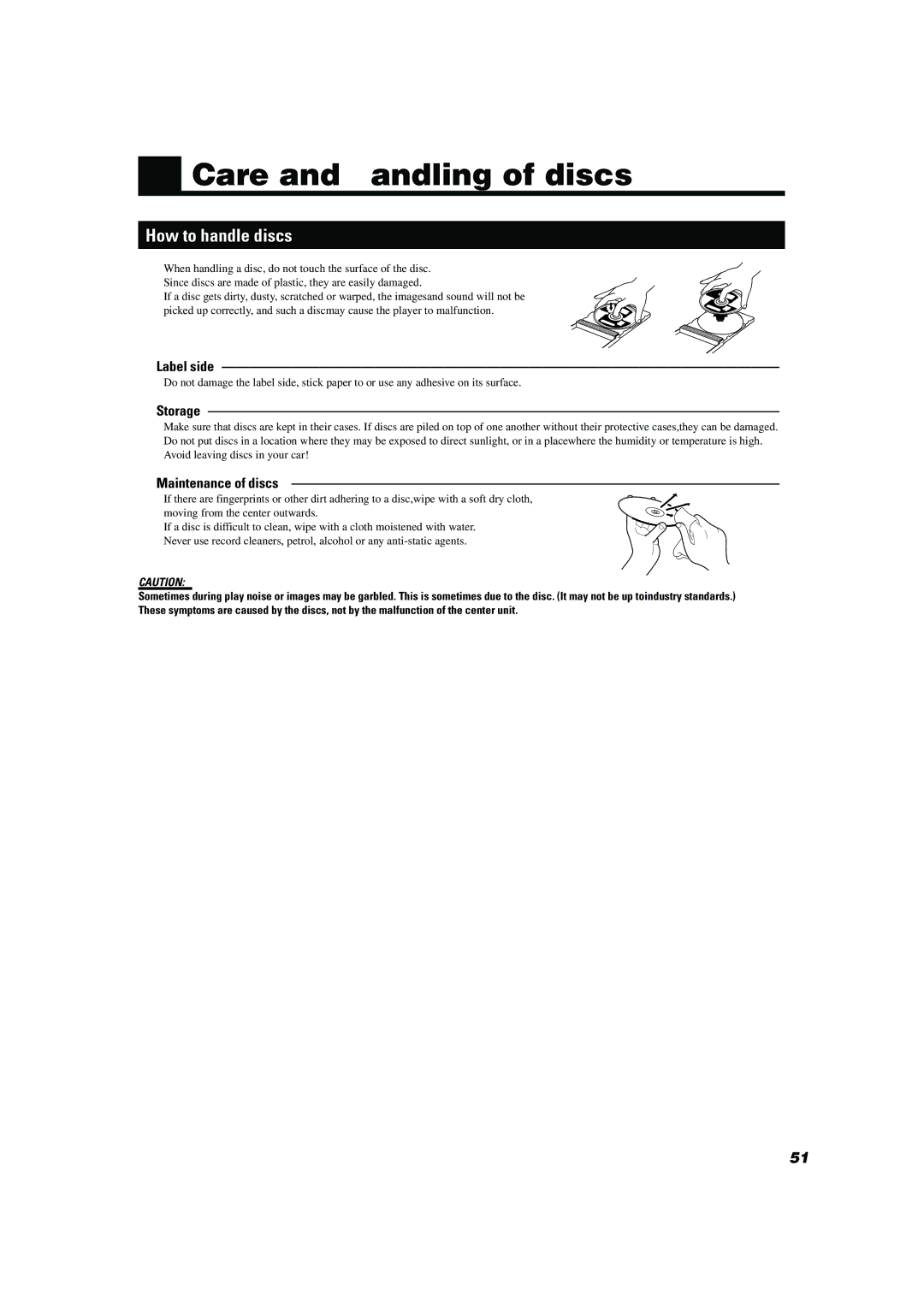 JVC TH-A10 manual Care and handling of discs, How to handle discs, Label side, Storage, Maintenance of discs 