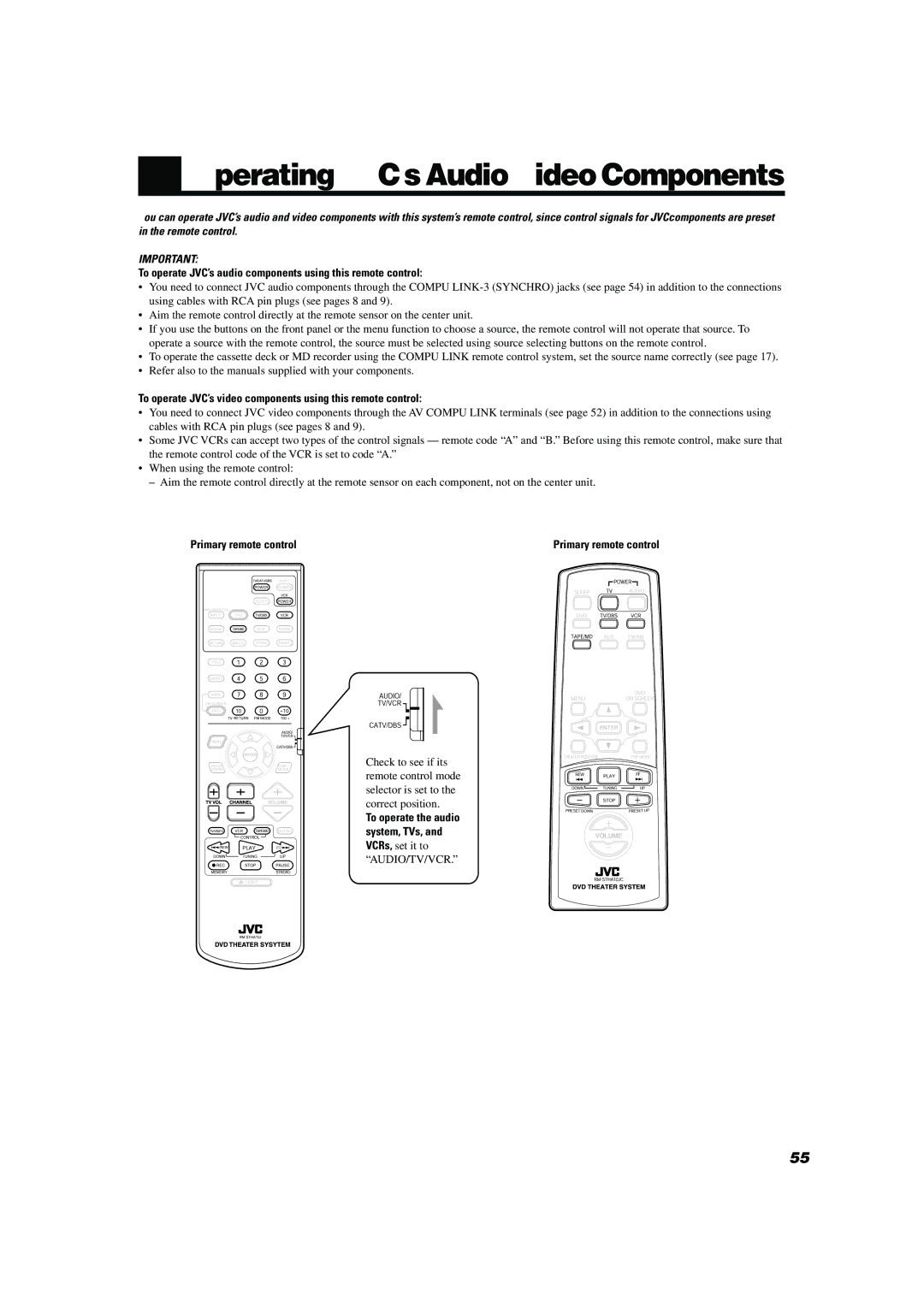 JVC TH-A10 manual Operating JVC’s Audio/Video Components, To operate JVC’s audio components using this remote control 