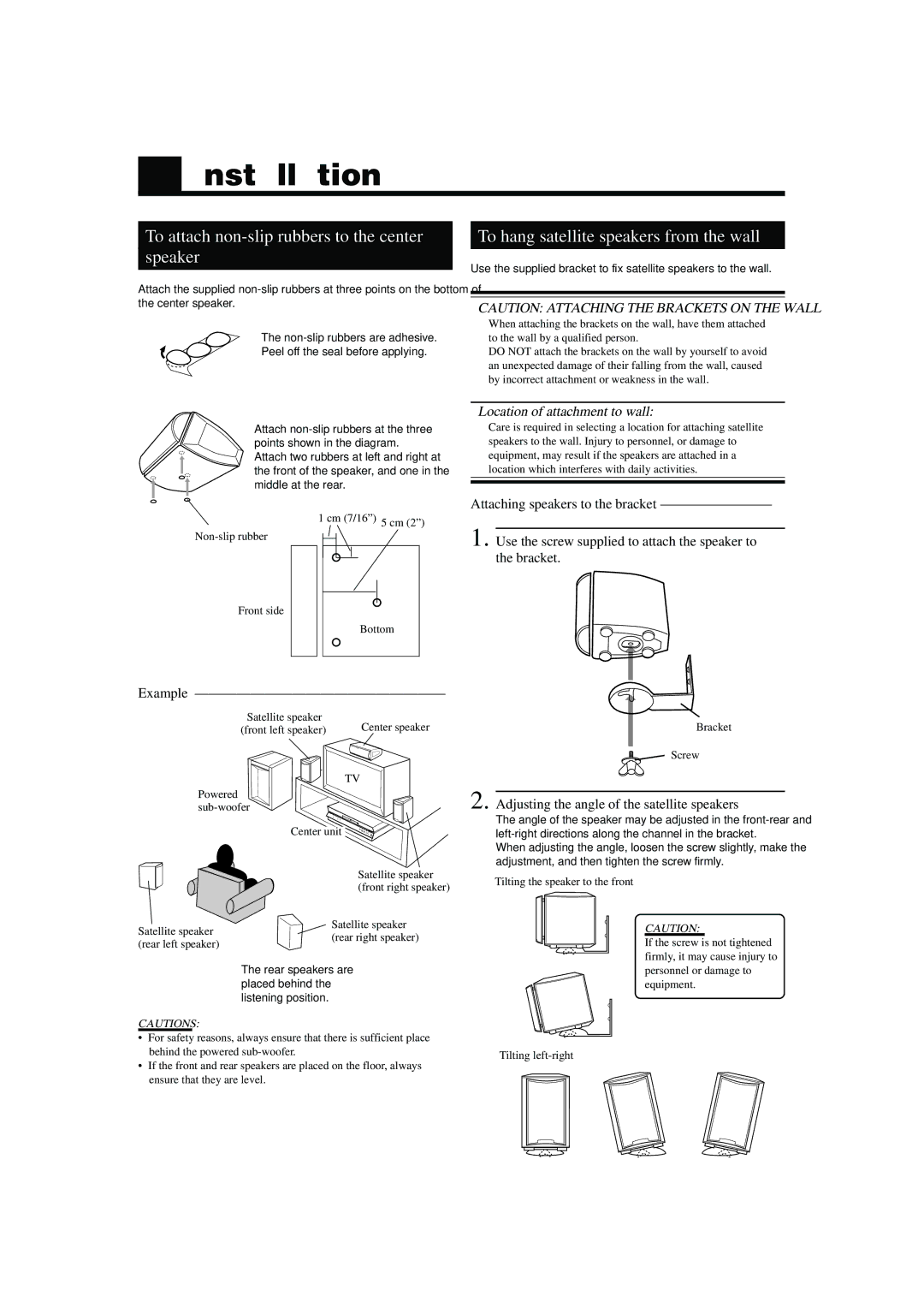 JVC TH-A10 manual Installation, Speaker, To hang satellite speakers from the wall, Example 