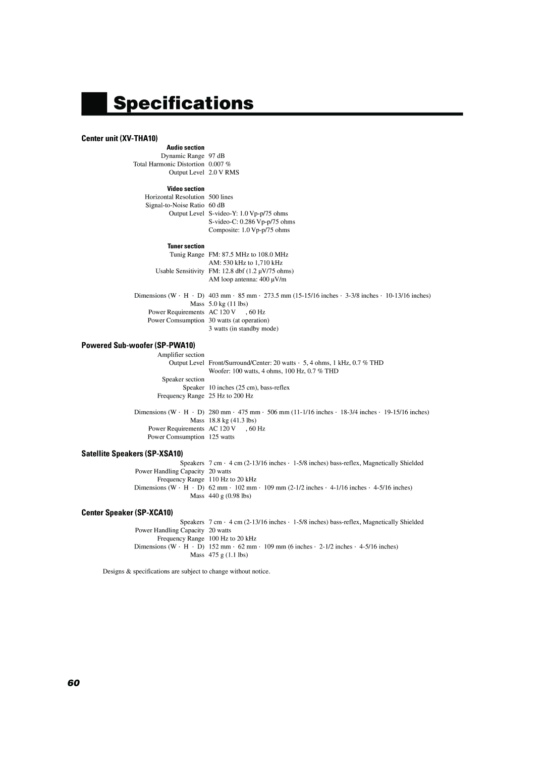 JVC TH-A10 manual Specifications, Center unit XV-THA10, Satellite Speakers SP-XSA10, Center Speaker SP-XCA10 